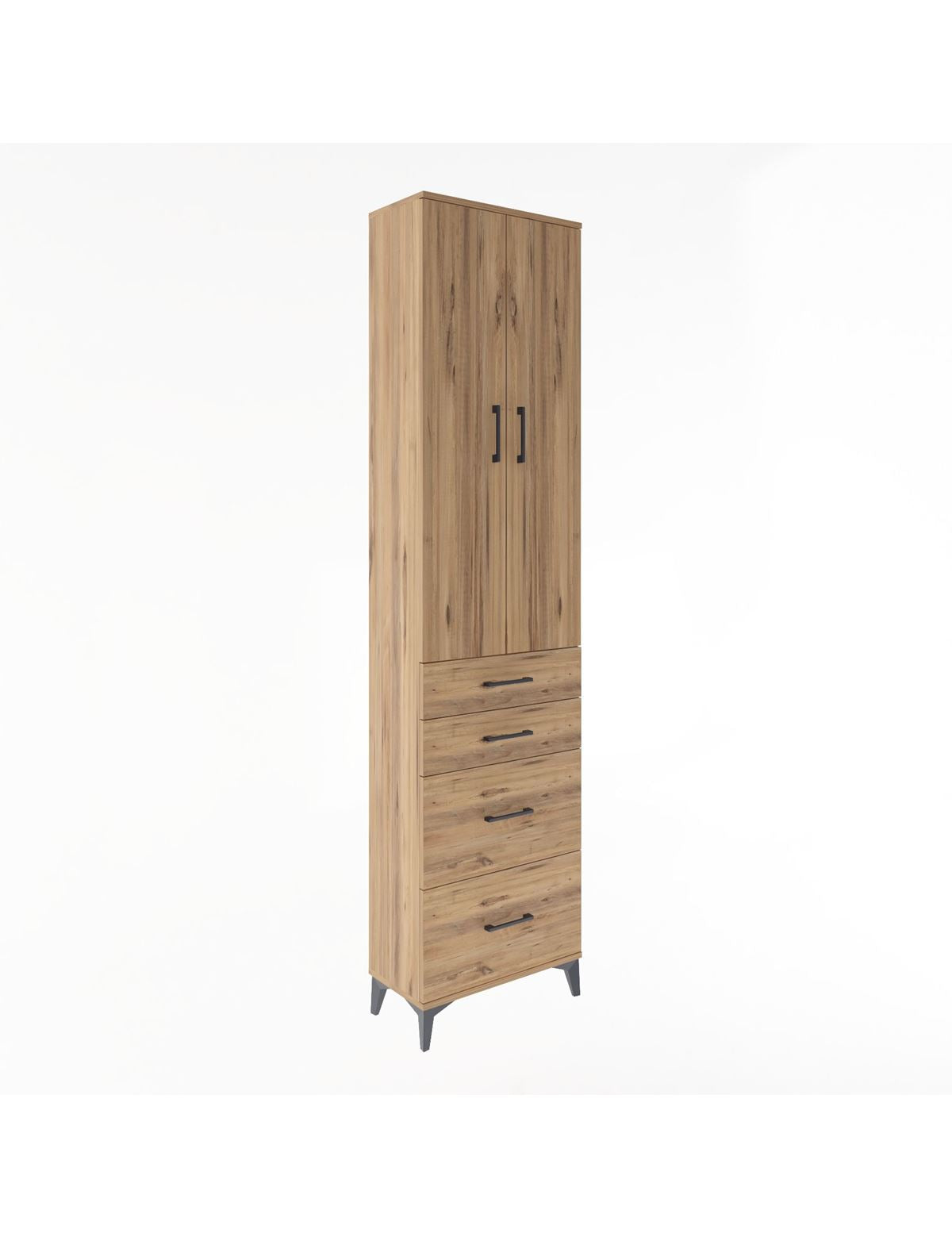 Arges Dolap 4 Raflı 4 Çekmeceli 2 Kapaklı 60x30x243 Çam-Çam