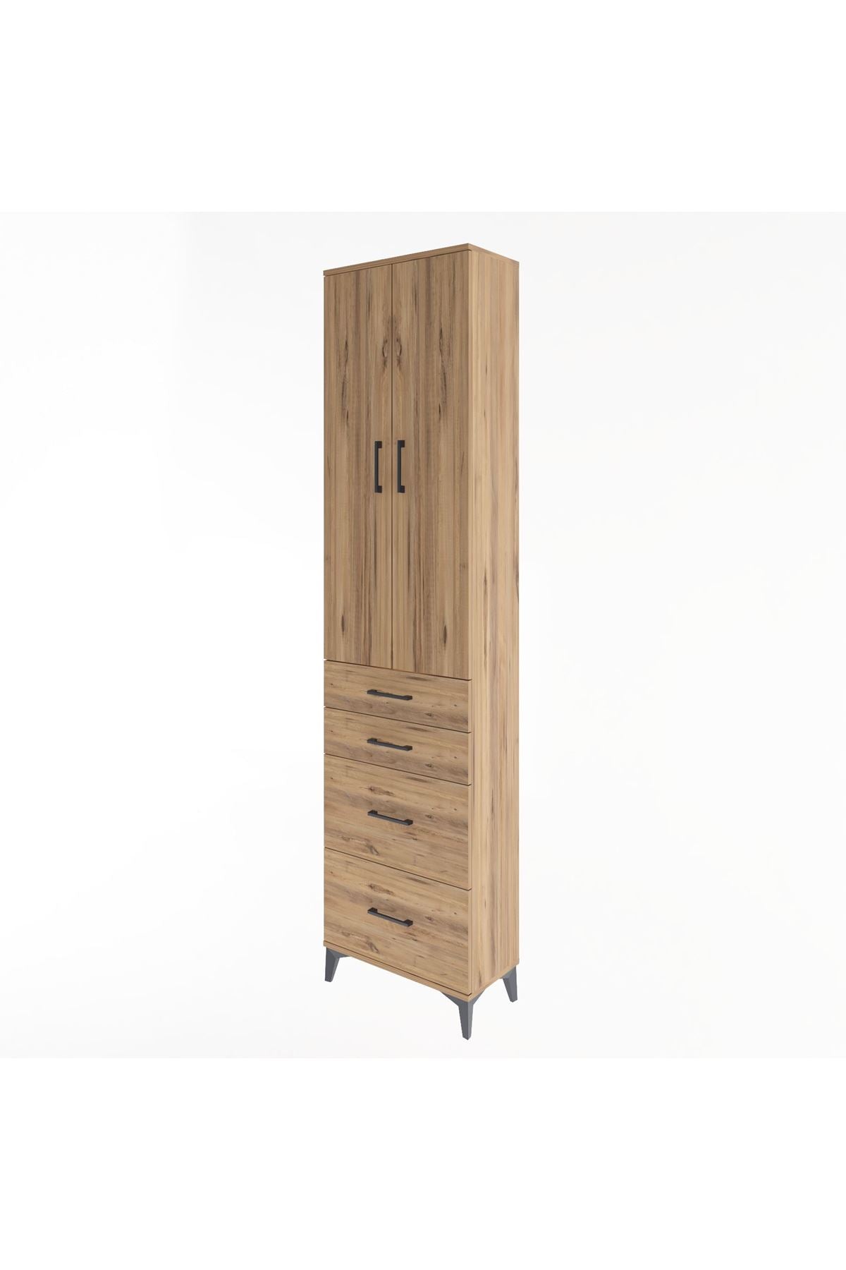 Arges Dolap 4 Raflı 4 Çekmeceli 2 Kapaklı 60x30x243 Çam-Çam