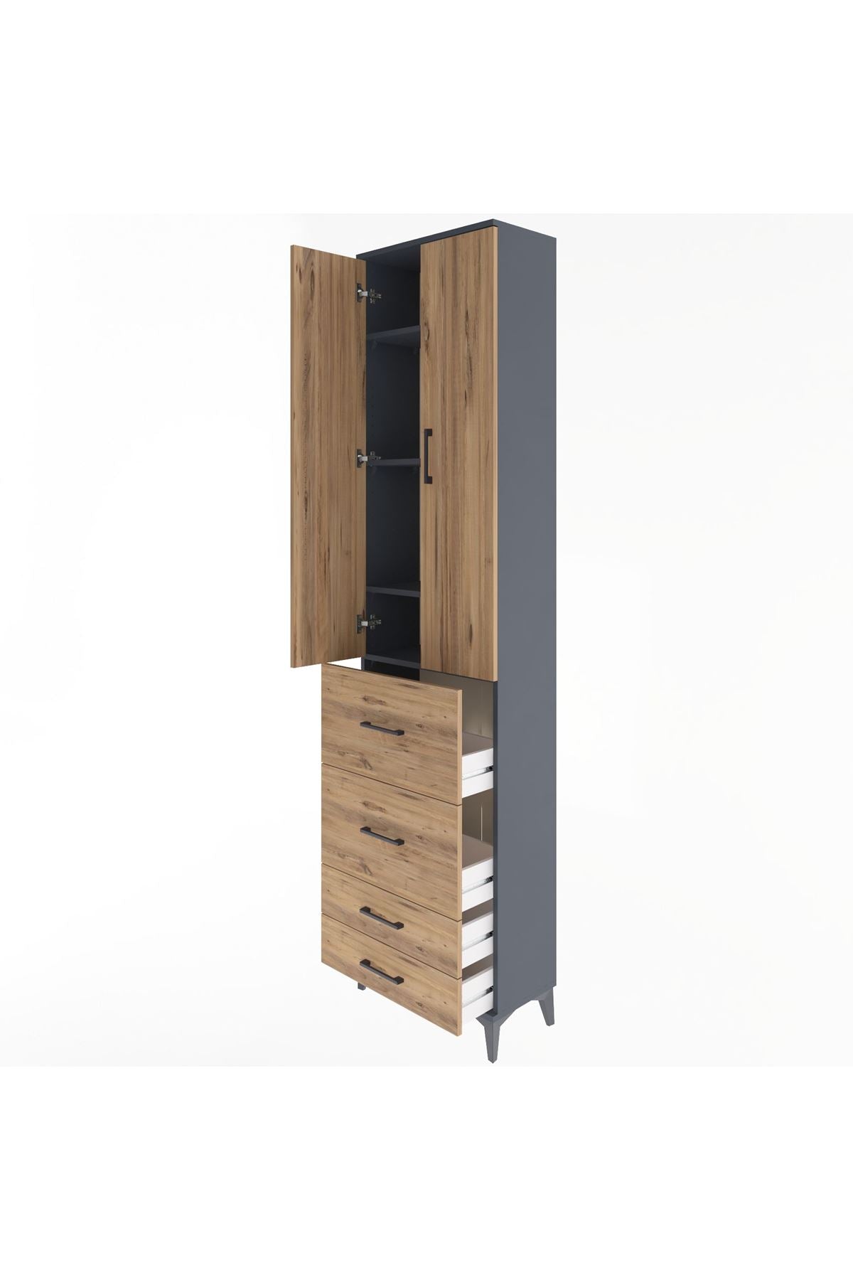 Arges Dolap 4 Raflı 4 Çekmeceli 2 Kapaklı 60x30x243 Antrasit-Çam