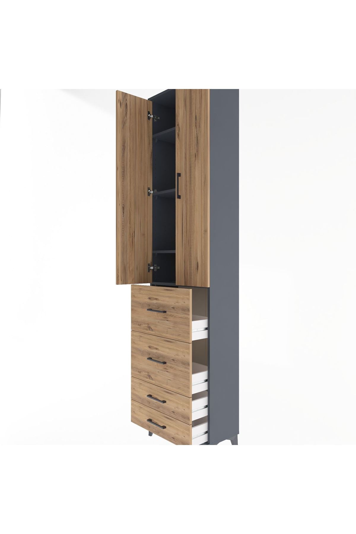 Arges Dolap 4 Raflı 4 Çekmeceli 2 Kapaklı 60x30x243 Antrasit-Çam