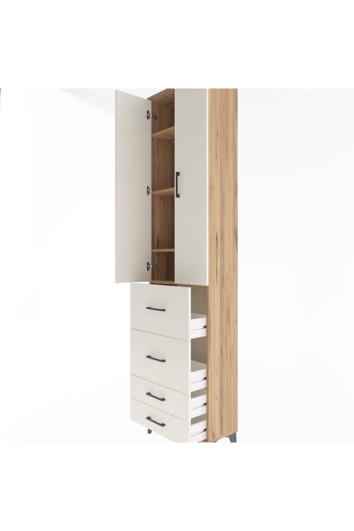 Arges Dolap 4 Raflı 4 Çekmeceli 2 Kapaklı 60x30x243 Çam-Aytaşı