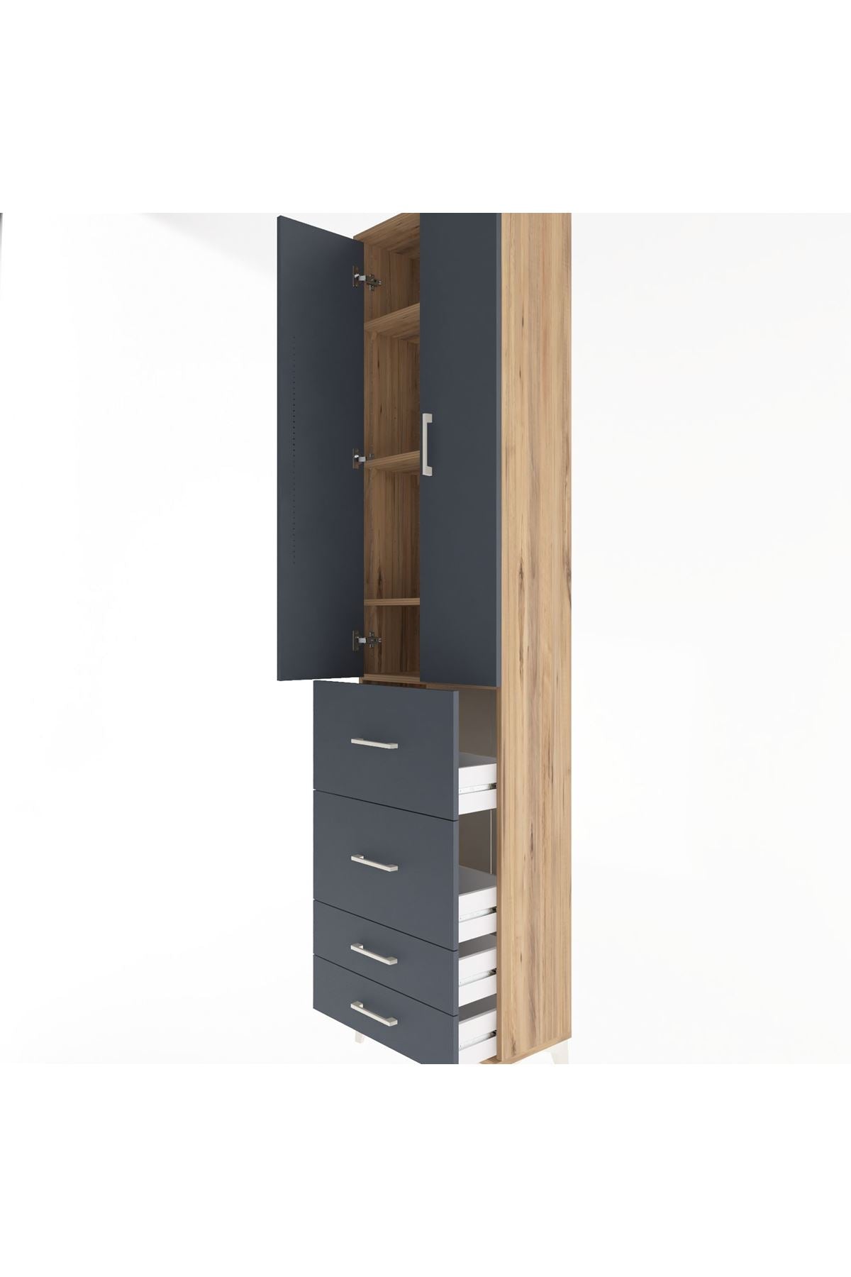 Arges Dolap 4 Raflı 4 Çekmeceli 2 Kapaklı 60x30x243 Çam-Antrasit