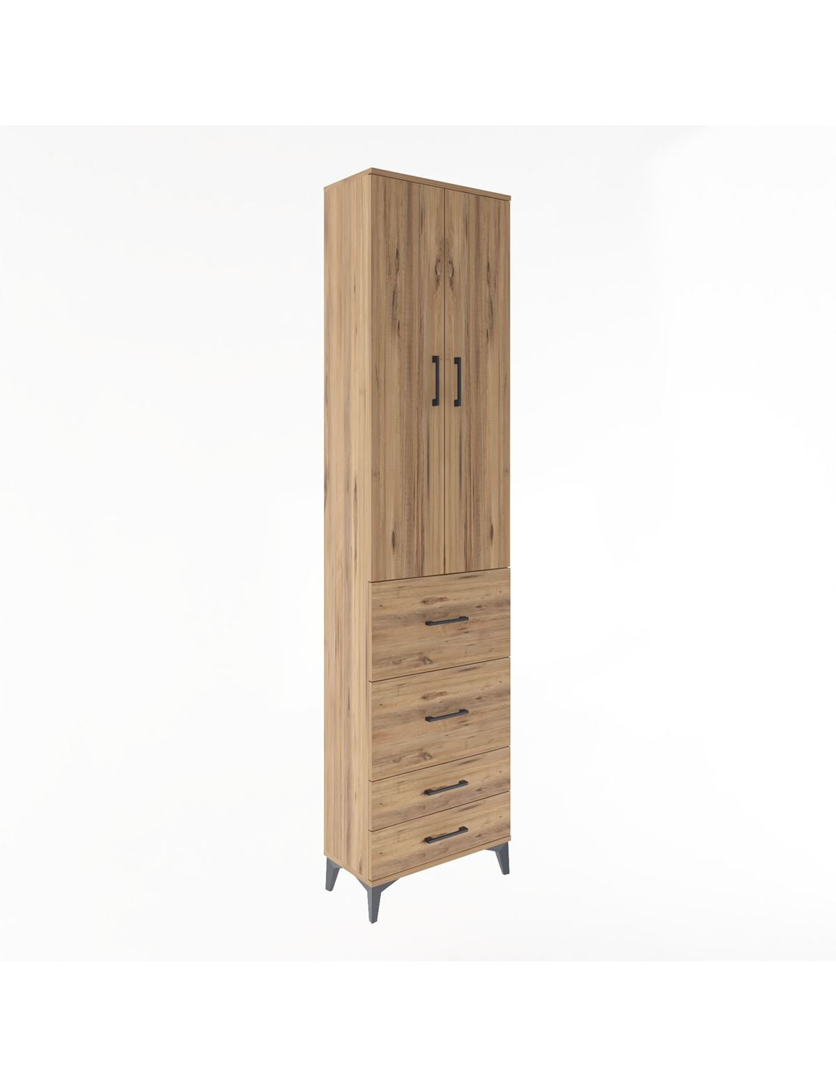 Arges Dolap 4 Raflı 4 Çekmeceli 2 Kapaklı 60x30x243 Çam-Çam