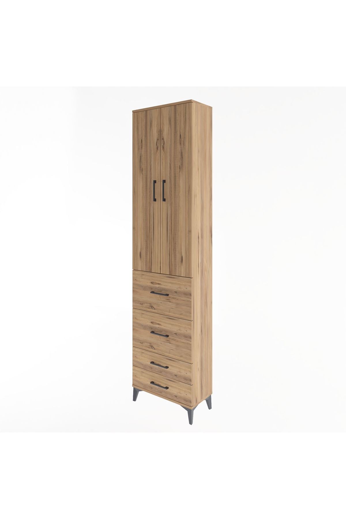 Arges Dolap 4 Raflı 4 Çekmeceli 2 Kapaklı 60x30x243 Çam-Çam