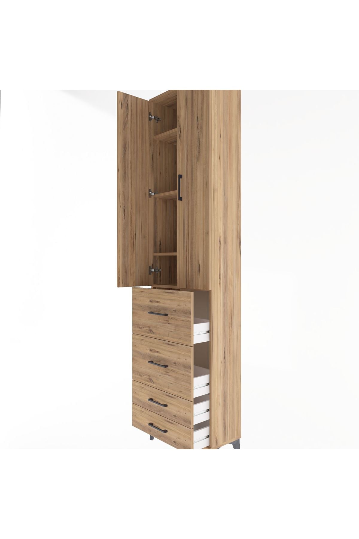 Arges Dolap 4 Raflı 4 Çekmeceli 2 Kapaklı 60x30x243 Çam-Çam