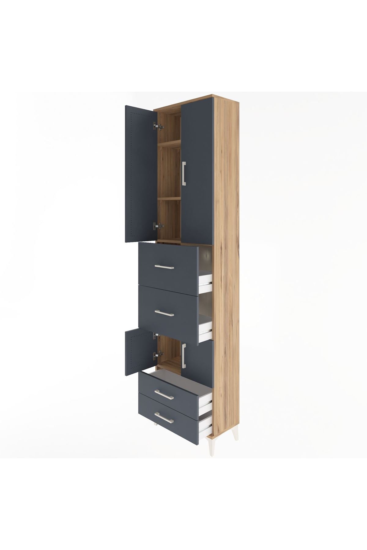 Arges Dolap 4 Raflı 4 Çekmeceli 4 Kapaklı 60x30x243 Çam-Antrasit