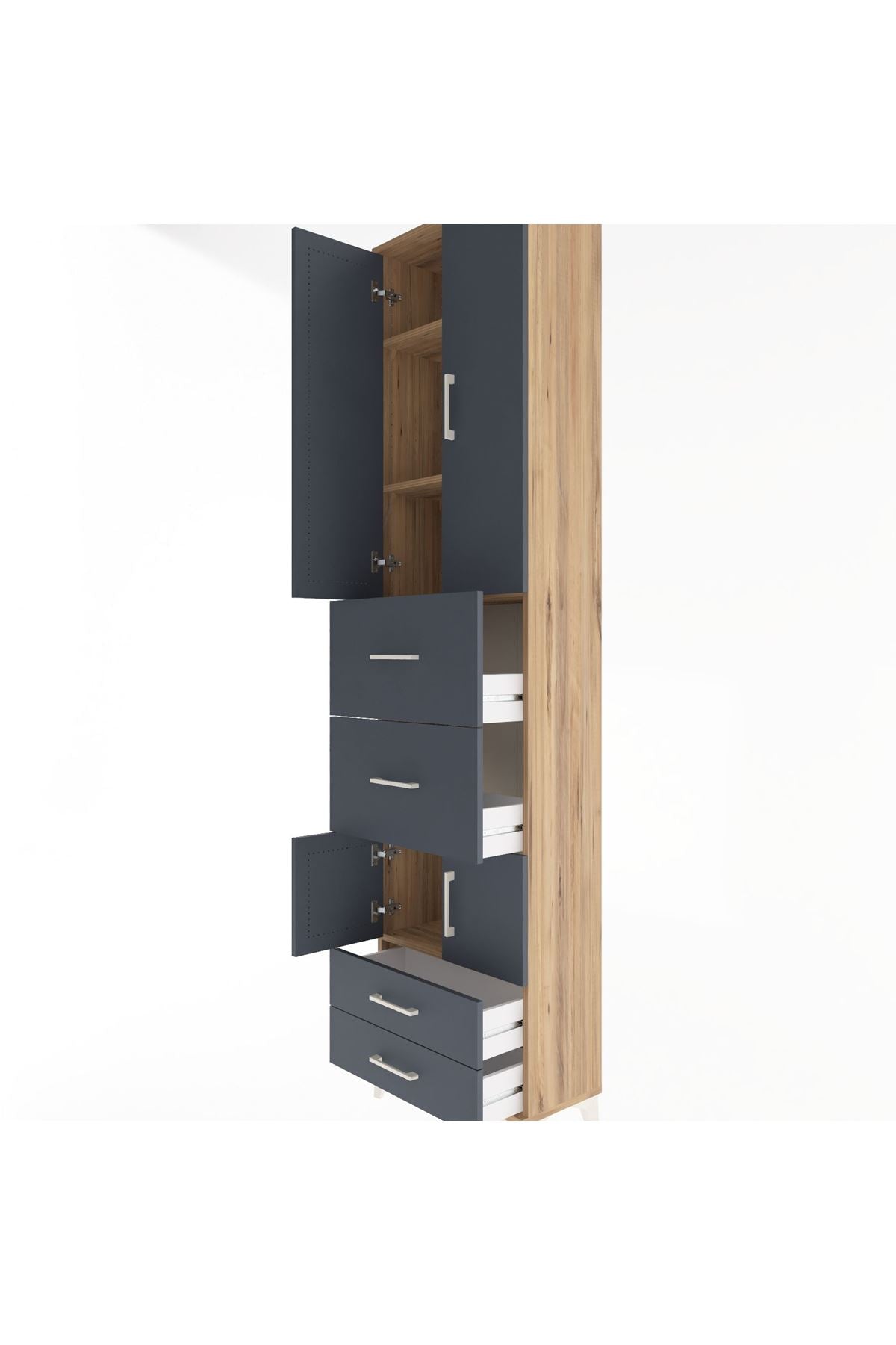 Arges Dolap 4 Raflı 4 Çekmeceli 4 Kapaklı 60x30x243 Çam-Antrasit