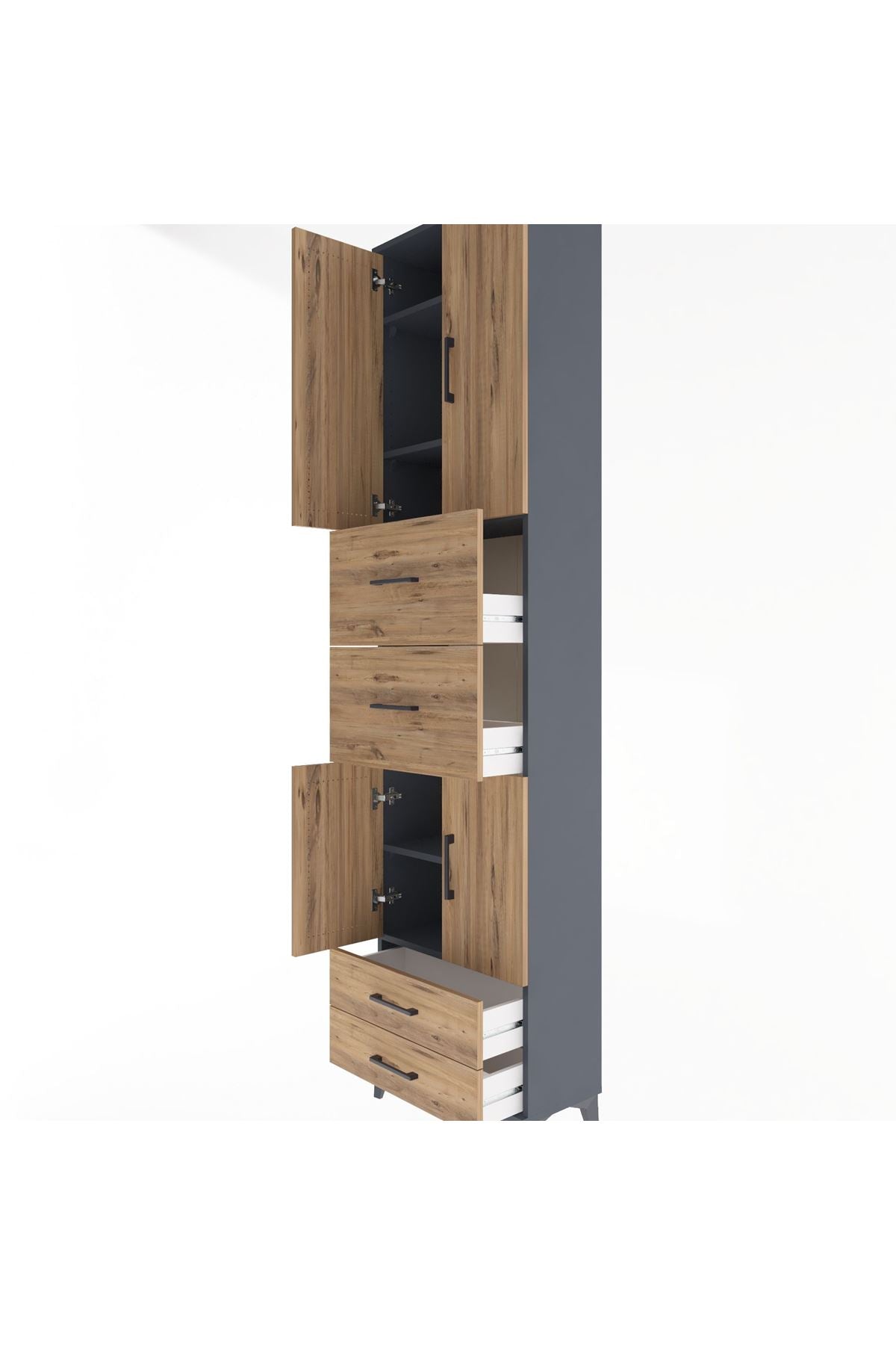 Arges Dolap 5 Raflı 4 Çekmeceli 4 Kapaklı 60x30x243 Antrasit-Çam