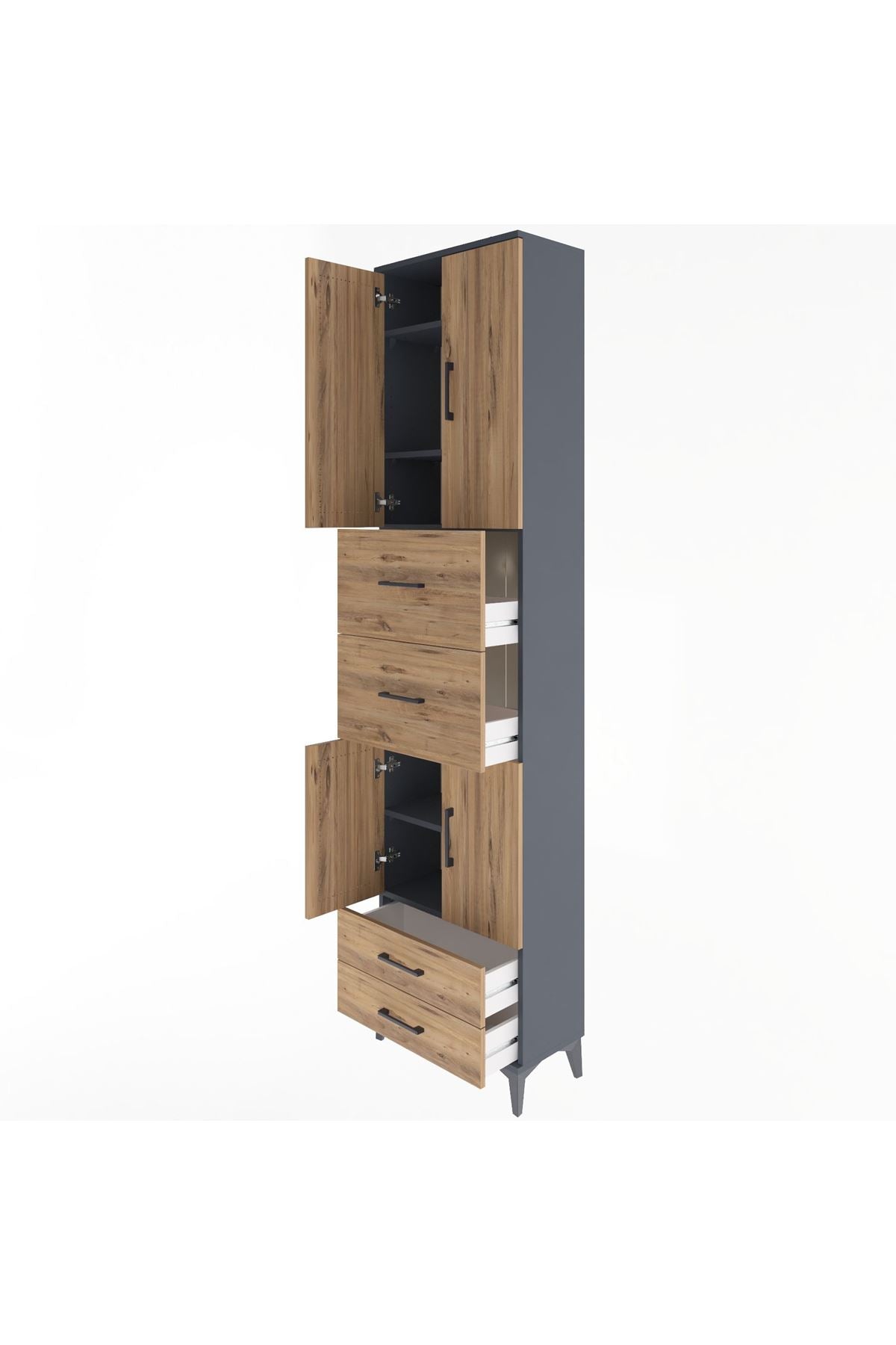 Arges Dolap 5 Raflı 4 Çekmeceli 4 Kapaklı 60x30x243 Antrasit-Çam