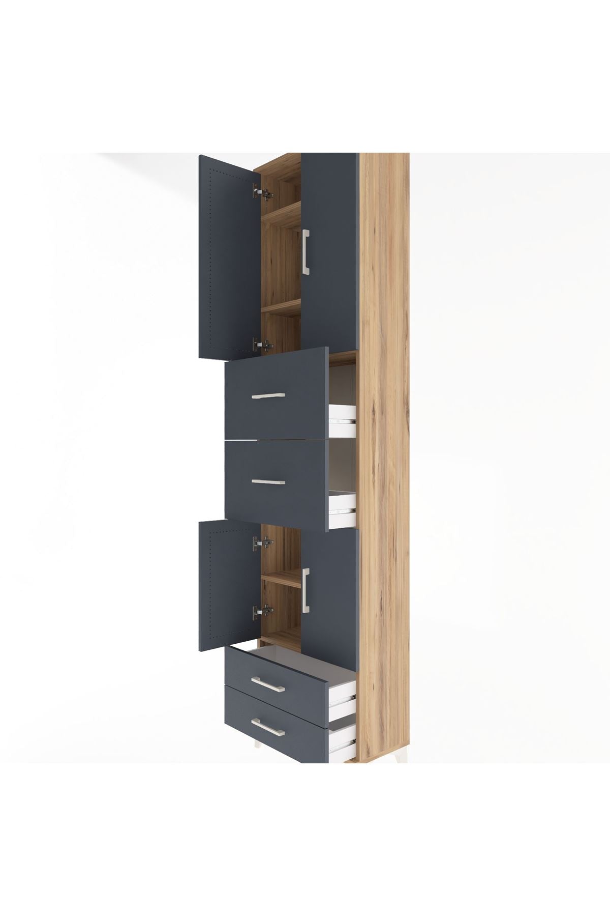 Arges Dolap 5 Raflı 4 Çekmeceli 4 Kapaklı 60x30x243 Çam-Antrasit