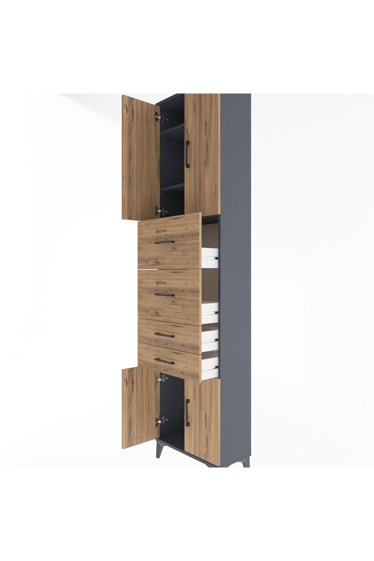 Arges Dolap 3 Raflı 4 Çekmeceli 4 Kapaklı 60x30x243 Antrasit-Çam