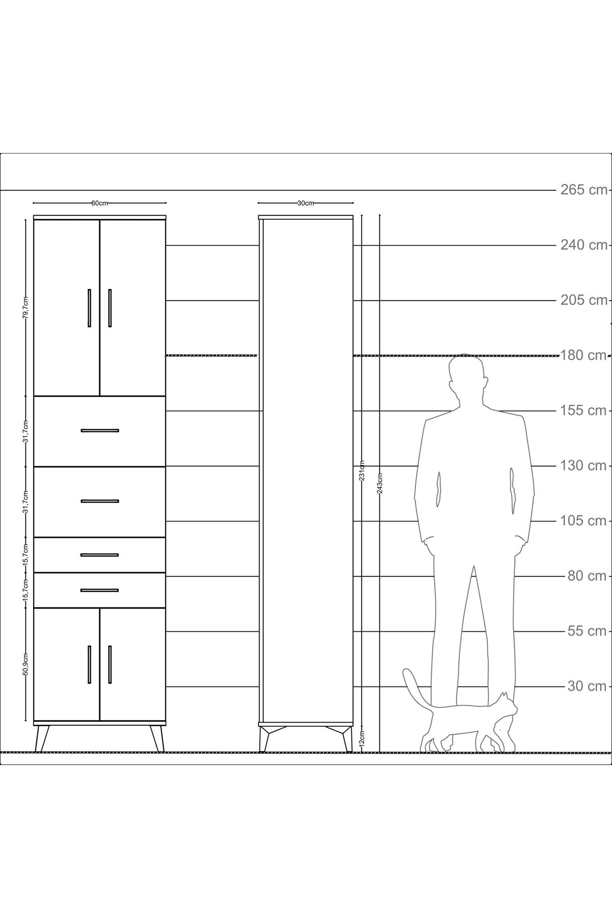 Arges Dolap 3 Raflı 4 Çekmeceli 4 Kapaklı 60x30x243 Çam-Aytaşı