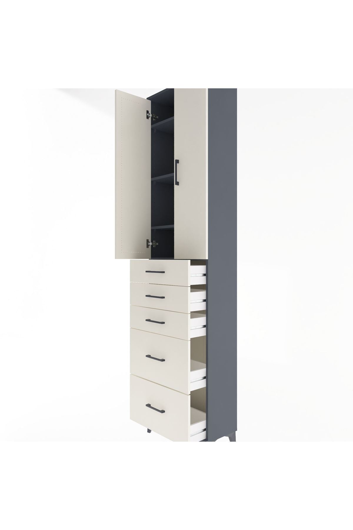 Arges Dolap 4 Raflı 5 Çekmeceli 2 Kapaklı 60x30x243 Antrasit-Aytaşı