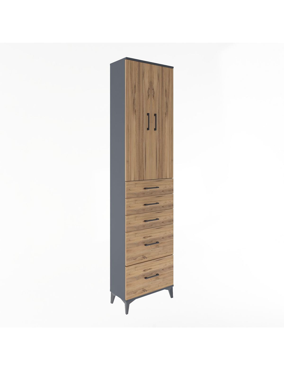 Arges Dolap 4 Raflı 5 Çekmeceli 2 Kapaklı 60x30x243 Antrasit-Çam