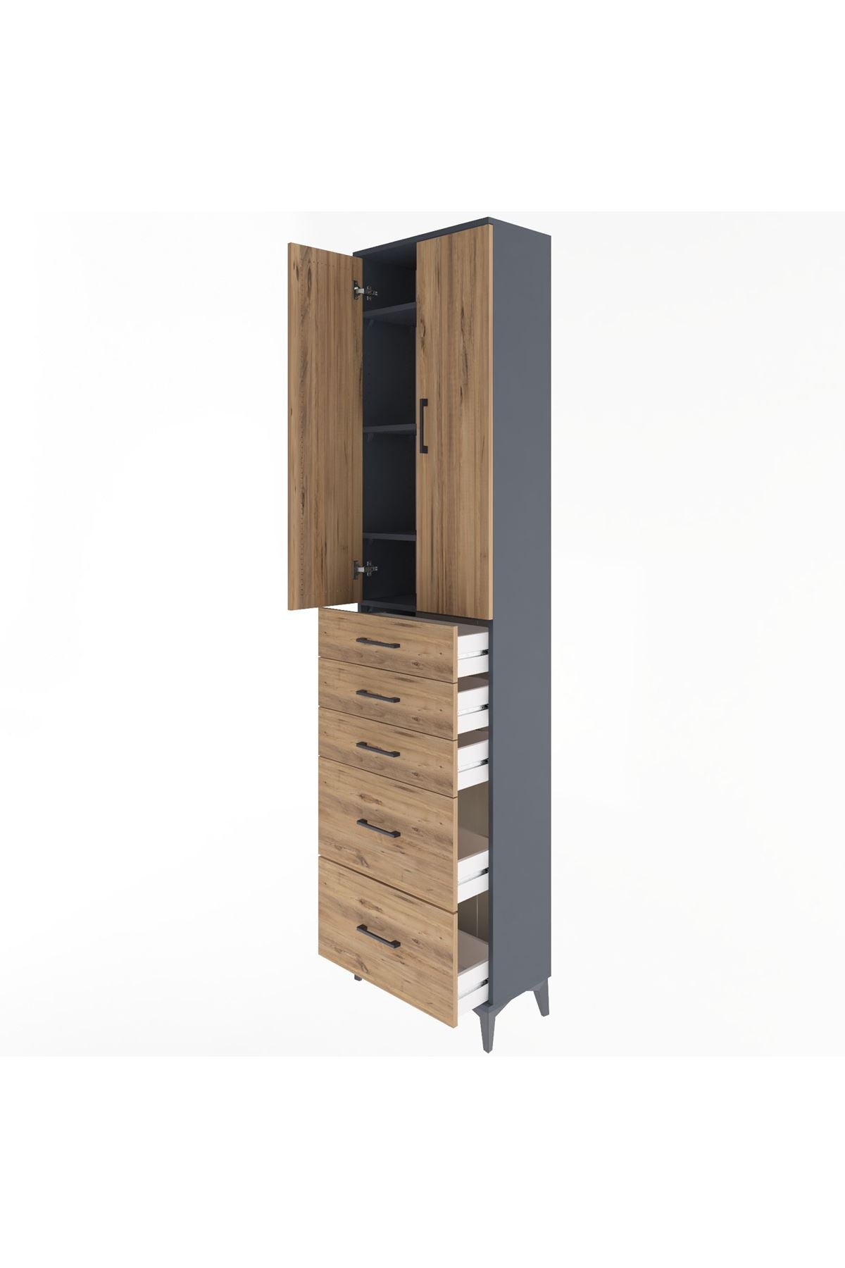 Arges Dolap 4 Raflı 5 Çekmeceli 2 Kapaklı 60x30x243 Antrasit-Çam