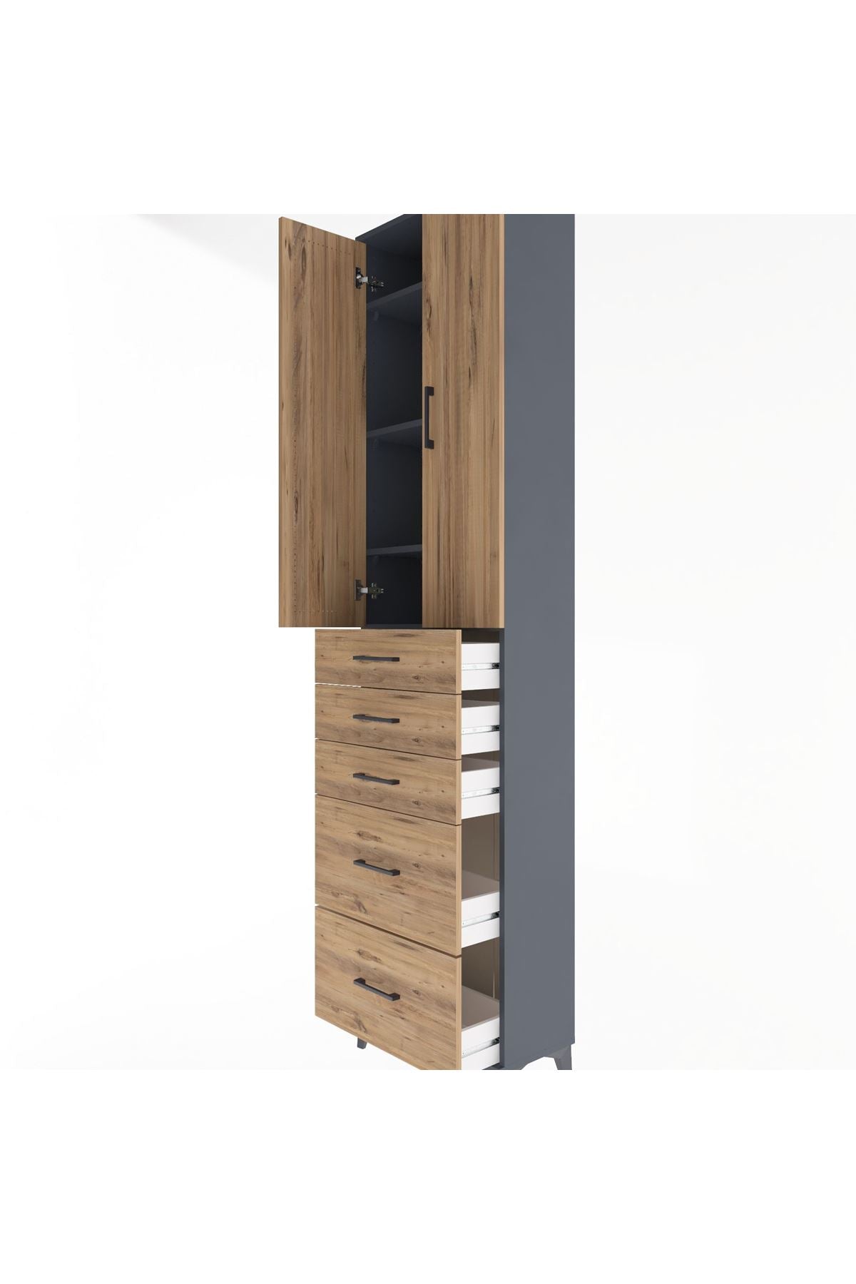 Arges Dolap 4 Raflı 5 Çekmeceli 2 Kapaklı 60x30x243 Antrasit-Çam