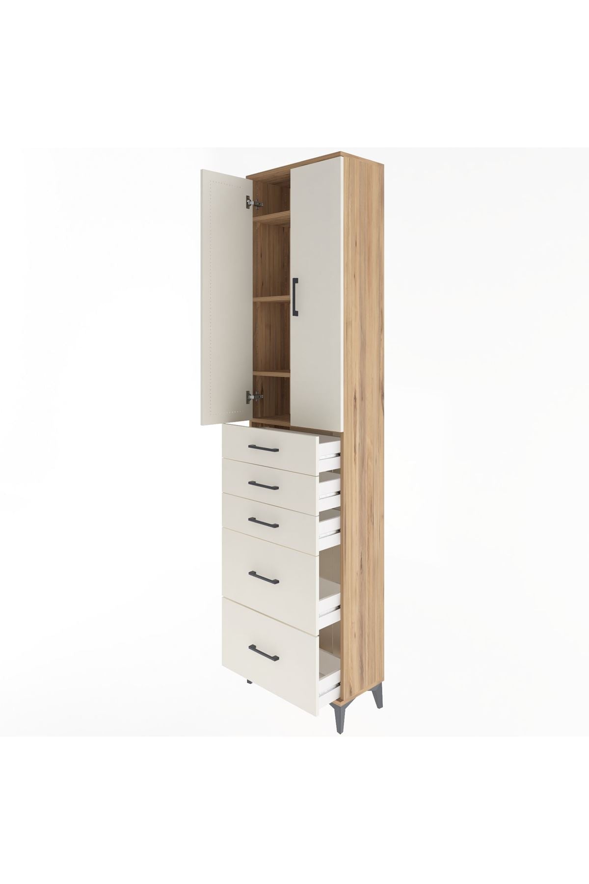 Arges Dolap 4 Raflı 5 Çekmeceli 2 Kapaklı 60x30x243 Çam-Aytaşı