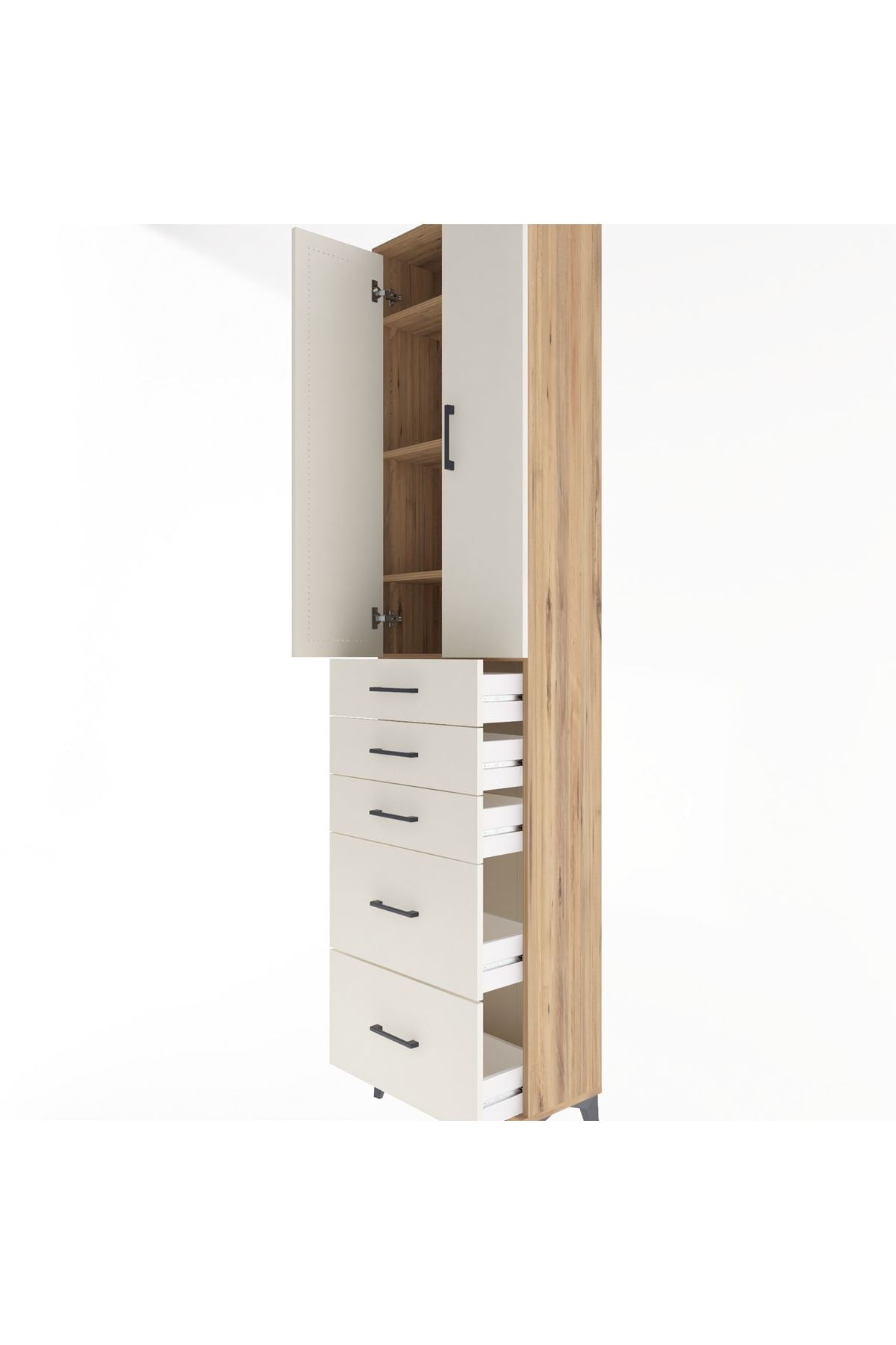 Arges Dolap 4 Raflı 5 Çekmeceli 2 Kapaklı 60x30x243 Çam-Aytaşı