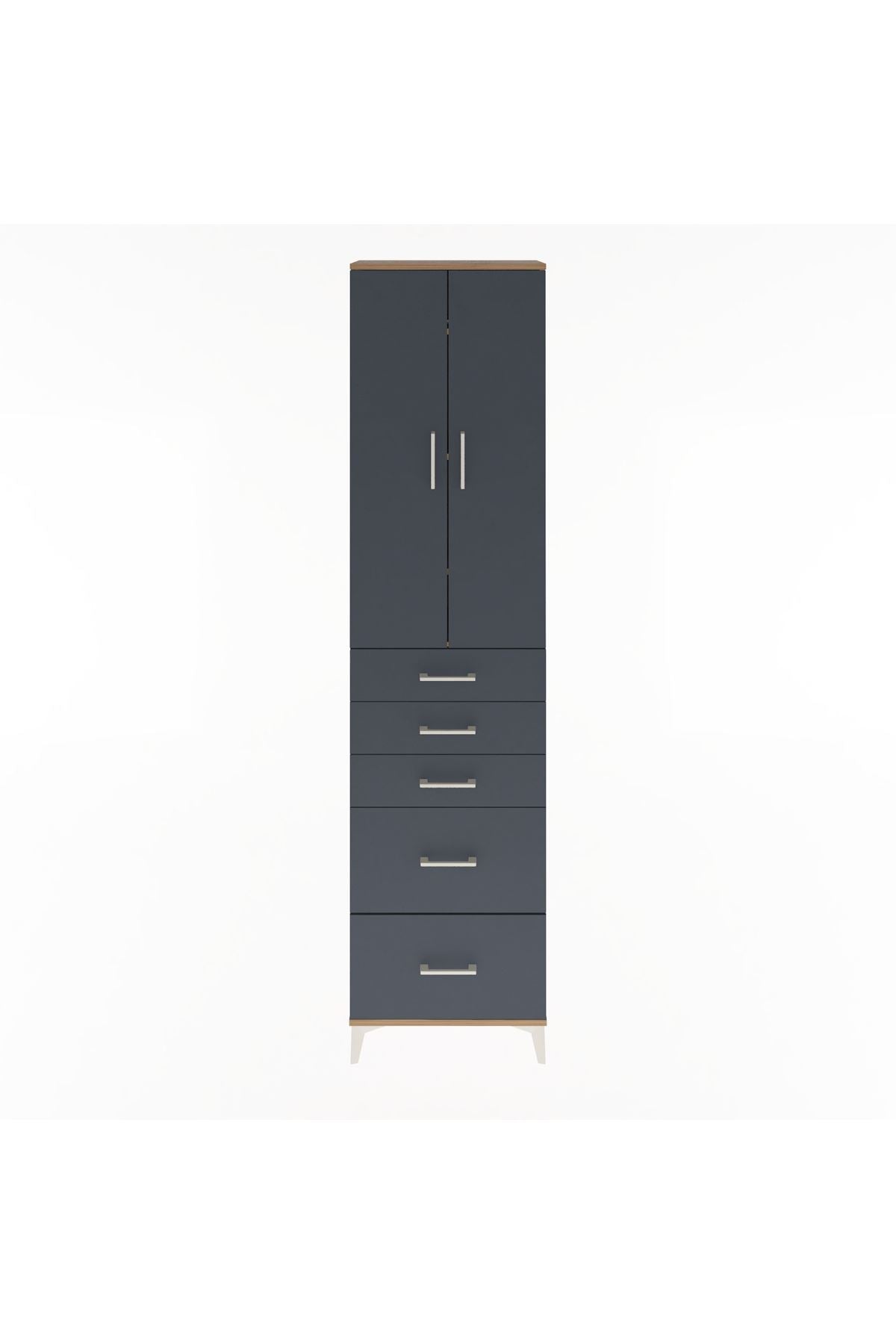 Arges Dolap 4 Raflı 5 Çekmeceli 2 Kapaklı 60x30x243 Çam-Antrasit