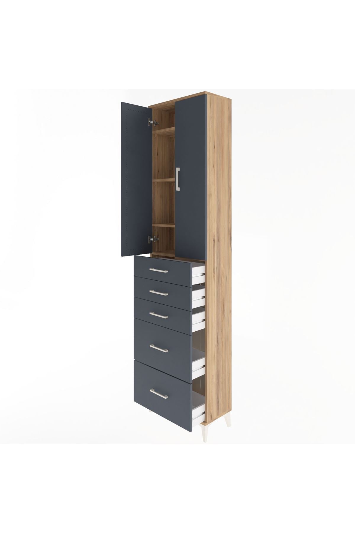 Arges Dolap 4 Raflı 5 Çekmeceli 2 Kapaklı 60x30x243 Çam-Antrasit