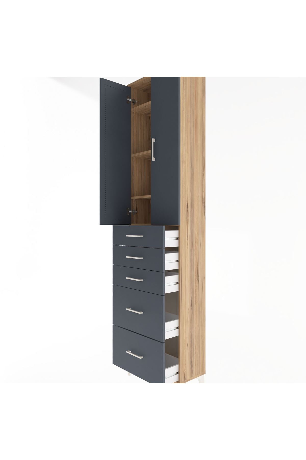 Arges Dolap 4 Raflı 5 Çekmeceli 2 Kapaklı 60x30x243 Çam-Antrasit