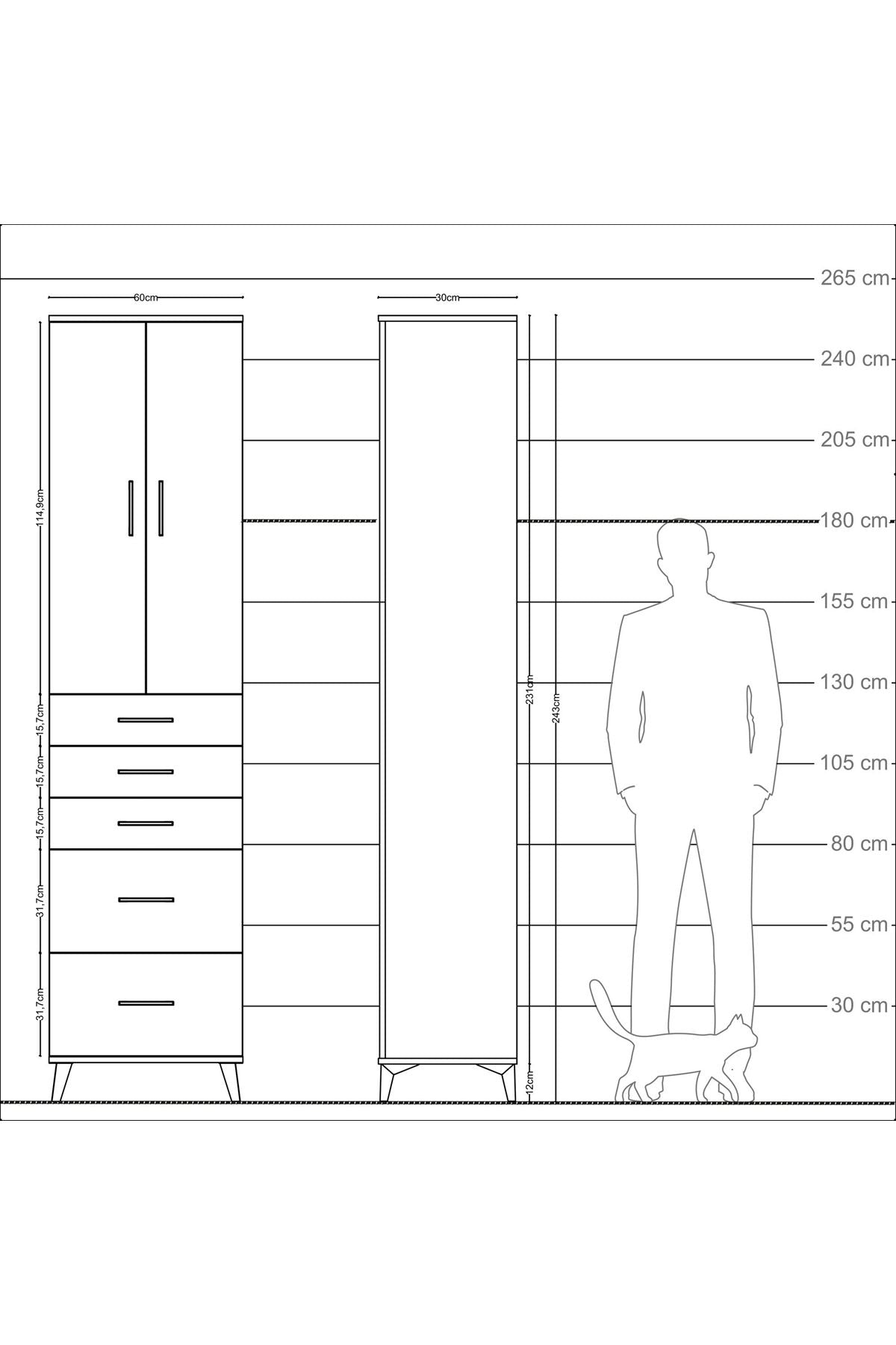 Arges Dolap 4 Raflı 5 Çekmeceli 2 Kapaklı 60x30x243 Çam-Antrasit