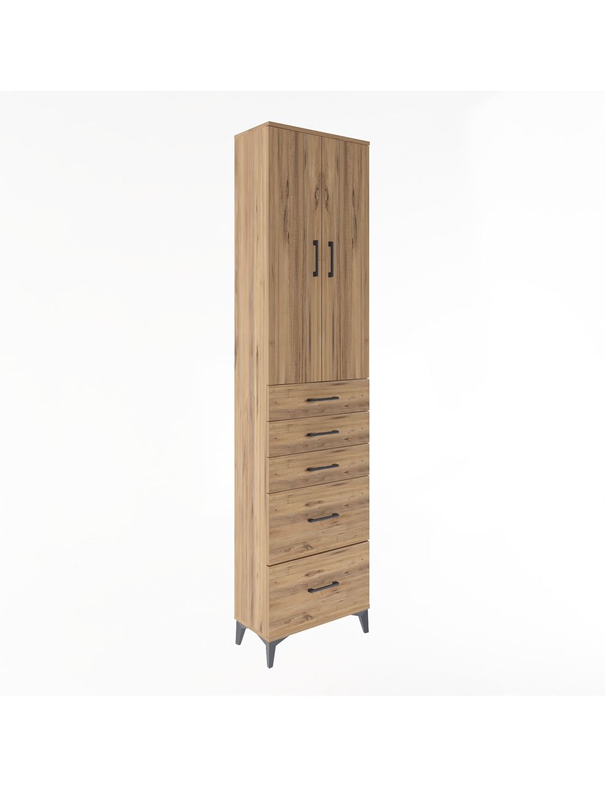 Arges Dolap 4 Raflı 5 Çekmeceli 2 Kapaklı 60x30x243 Çam-Çam