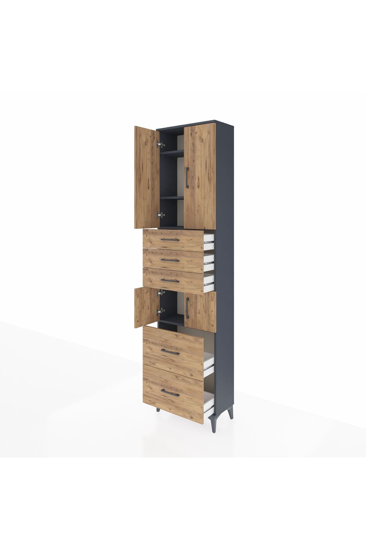 Arges Dolap 4 Raflı 5 Çekmeceli 4 Kapaklı 60x30x243 Antrasit-Çam