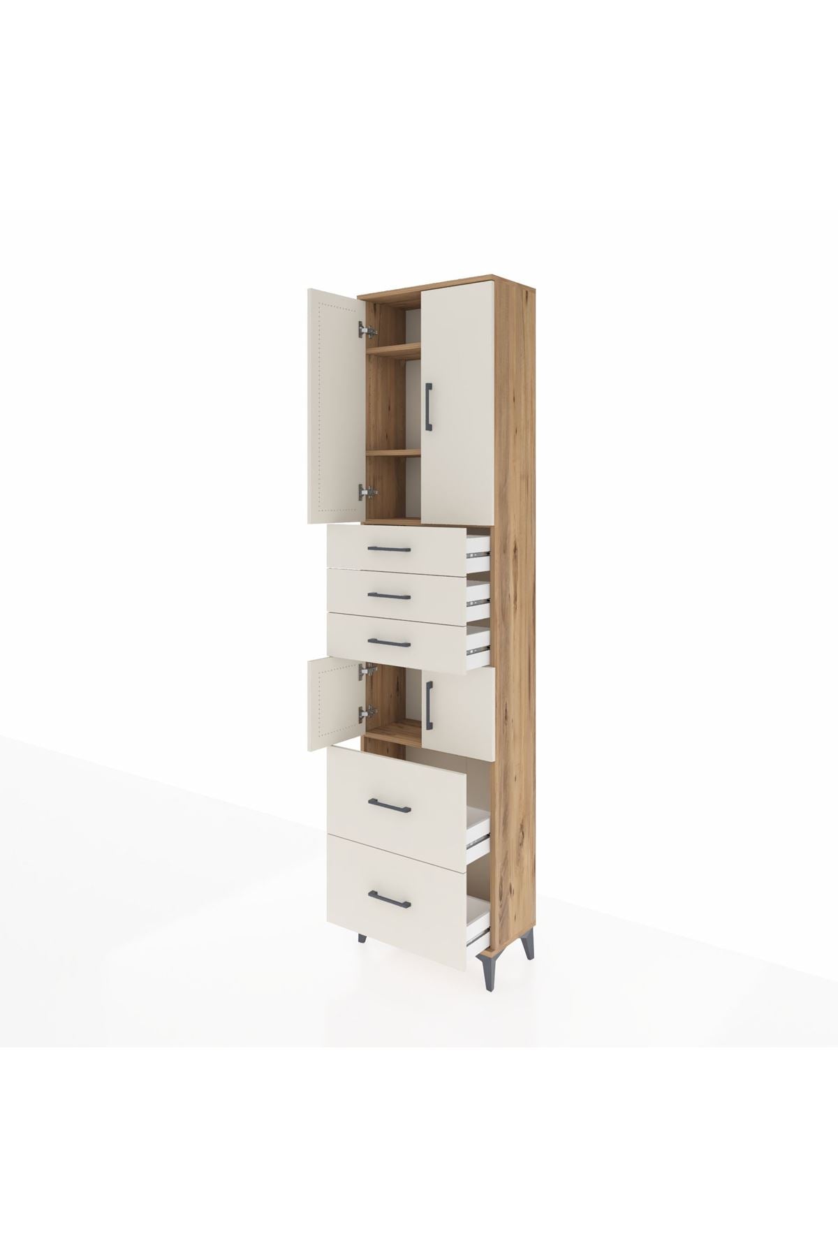 Arges Dolap 4 Raflı 5 Çekmeceli 4 Kapaklı 60x30x243 Çam-Aytaşı