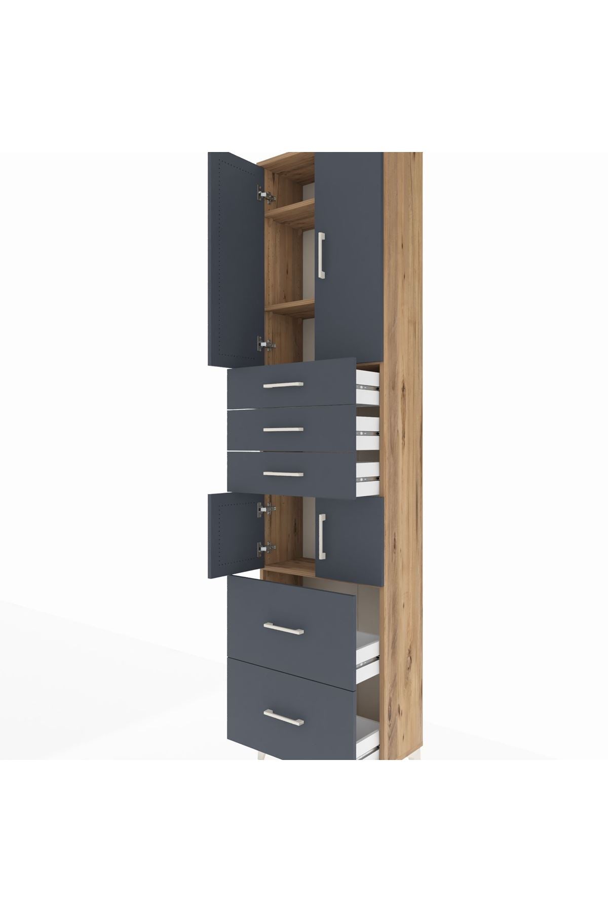 Arges Dolap 4 Raflı 5 Çekmeceli 4 Kapaklı 60x30x243 Çam-Antrasit