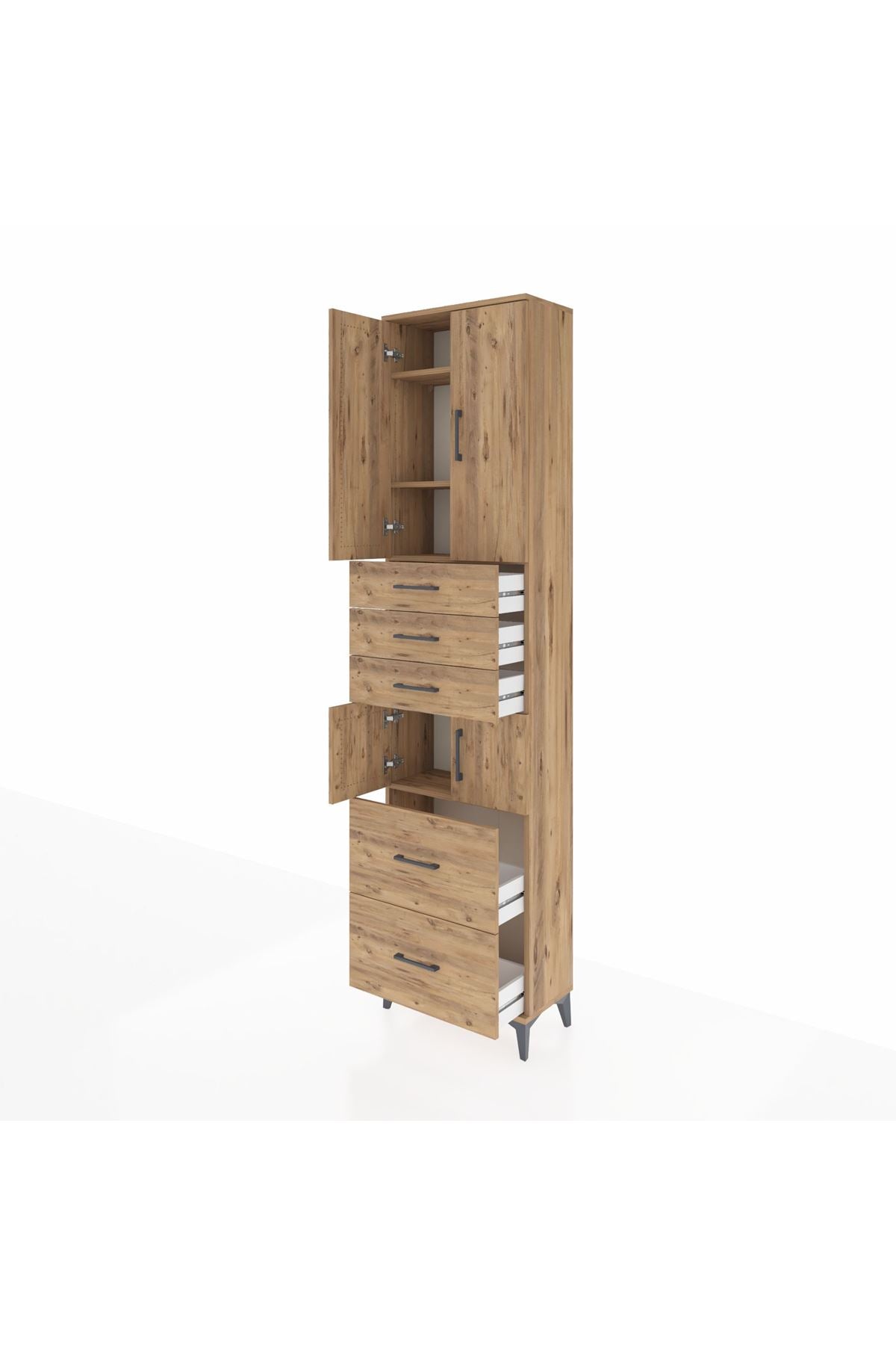 Arges Dolap 4 Raflı 5 Çekmeceli 4 Kapaklı 60x30x243 Çam-Çam