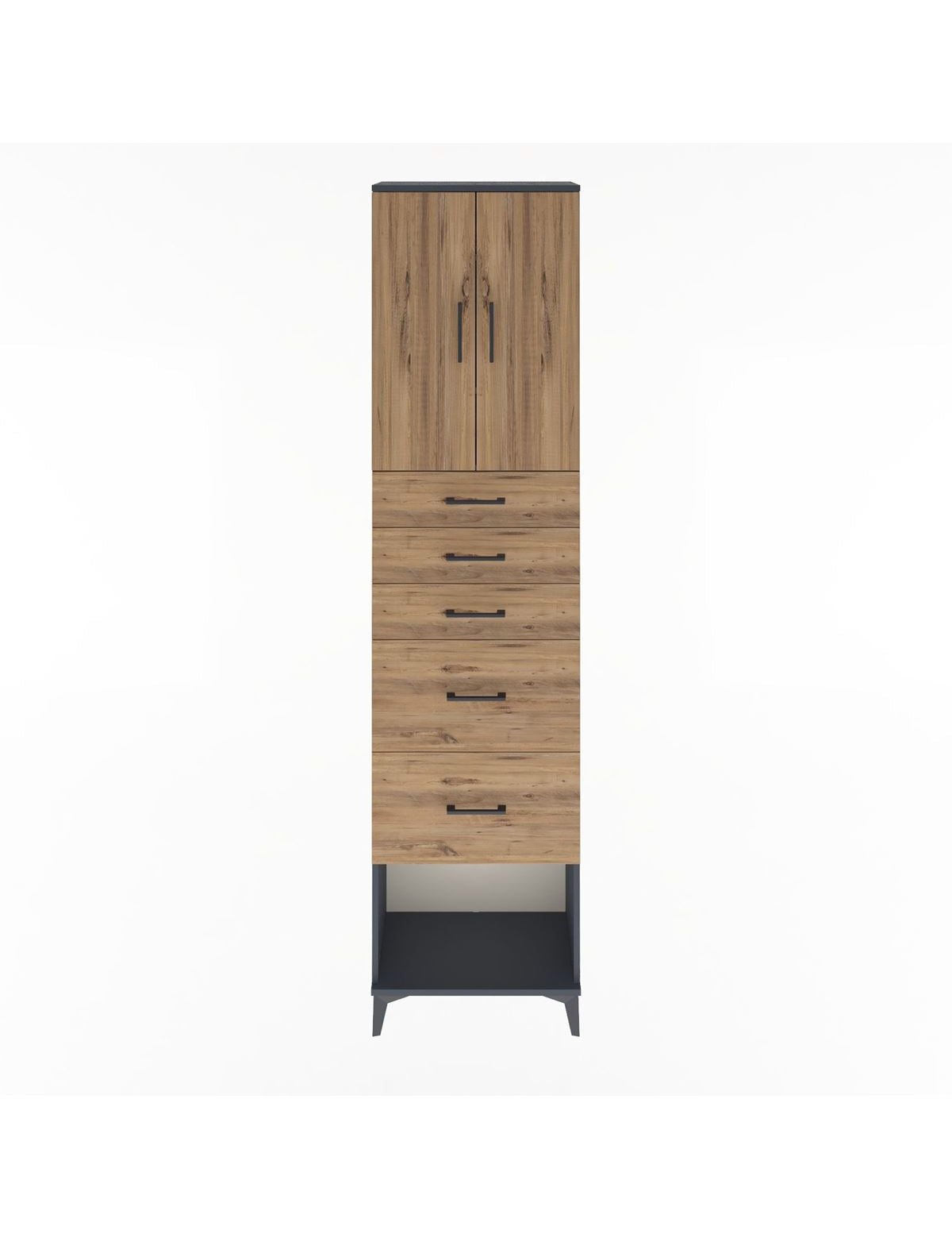 Arges Dolap 3 Raflı 5 Çekmeceli 2 Kapaklı 60x30x243 Antrasit-Çam