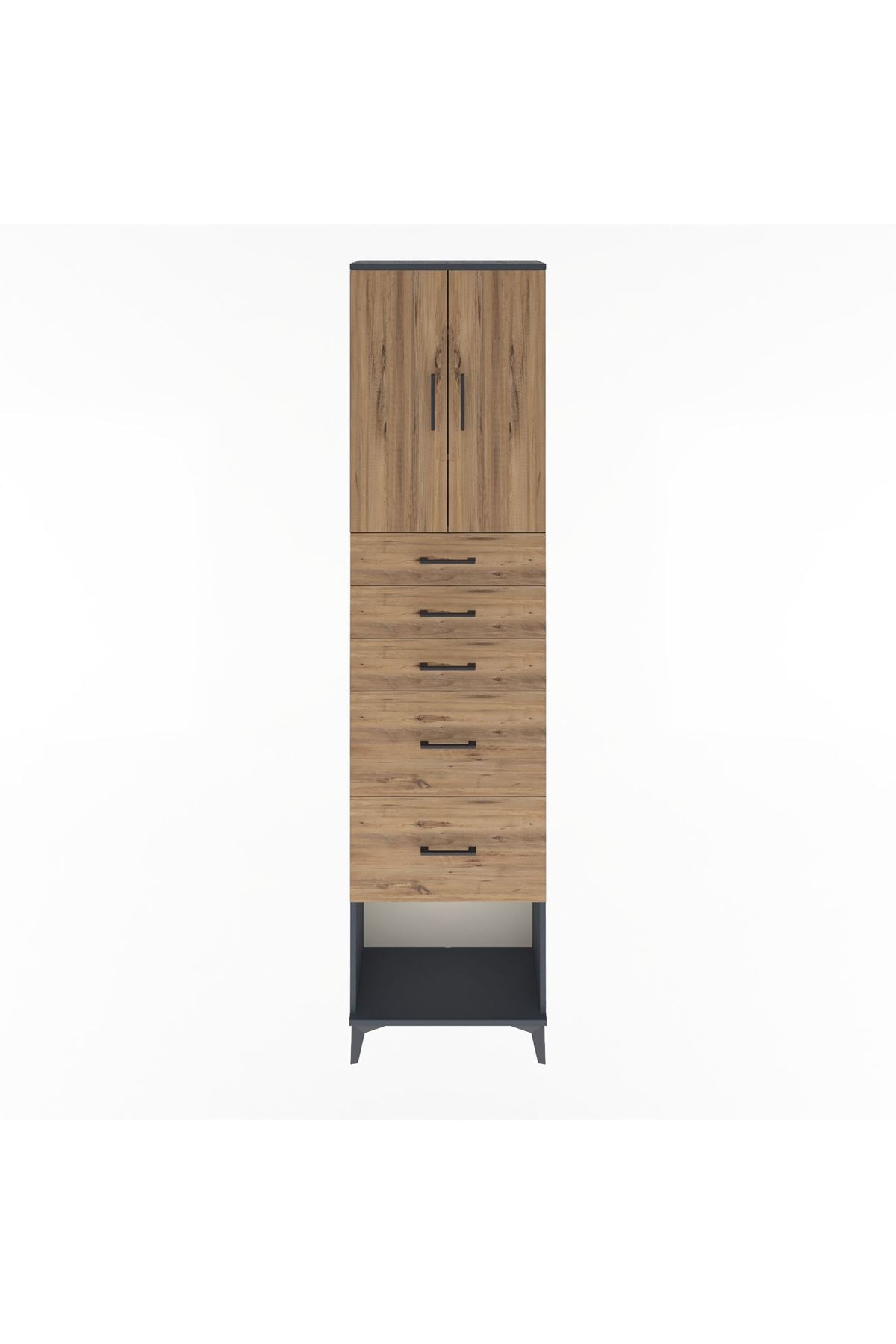 Arges Dolap 3 Raflı 5 Çekmeceli 2 Kapaklı 60x30x243 Antrasit-Çam