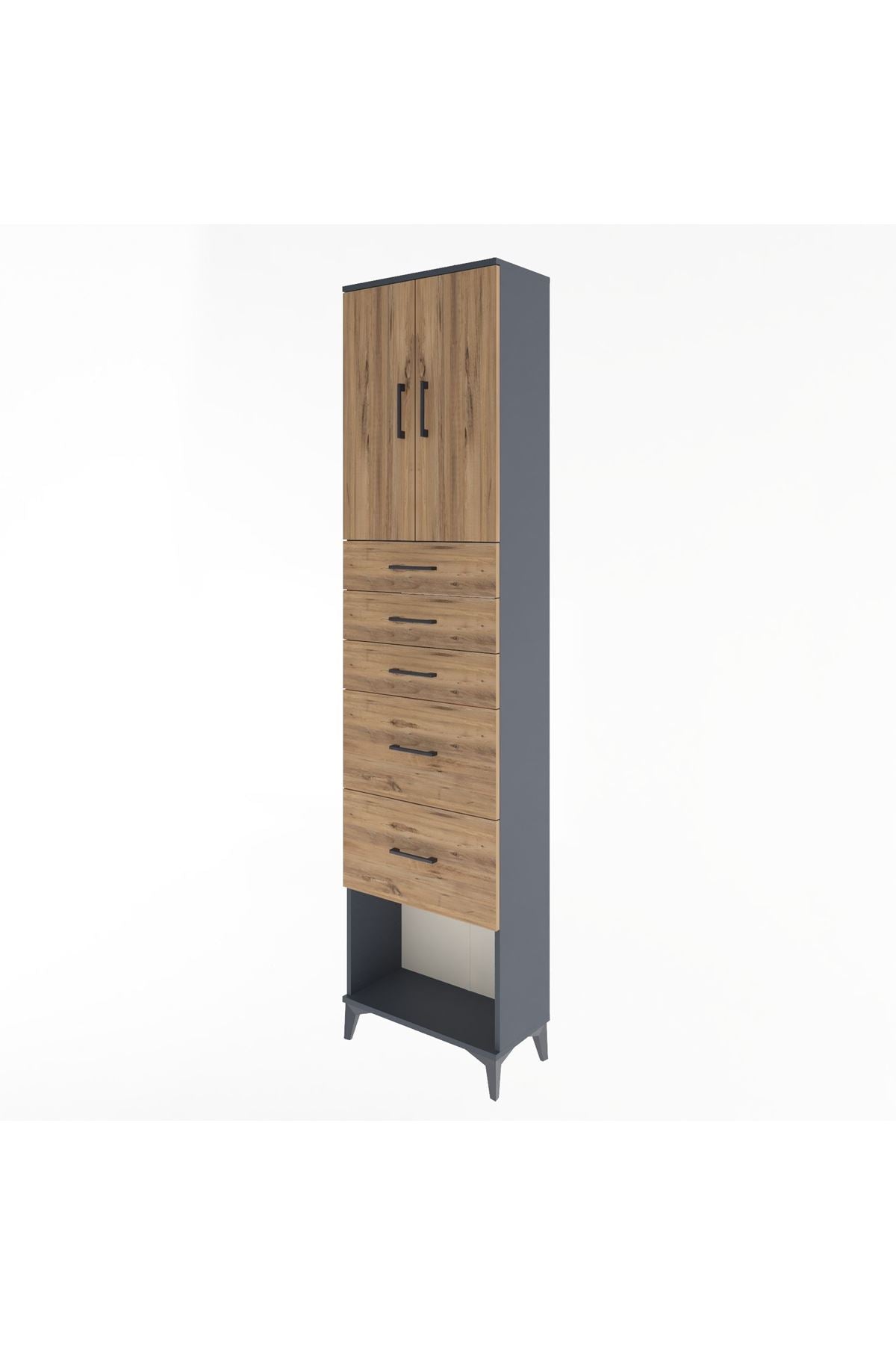 Arges Dolap 3 Raflı 5 Çekmeceli 2 Kapaklı 60x30x243 Antrasit-Çam