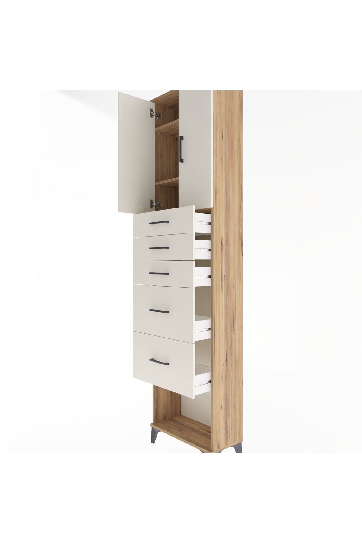 Arges Dolap 3 Raflı 5 Çekmeceli 2 Kapaklı 60x30x243 Çam-Aytaşı