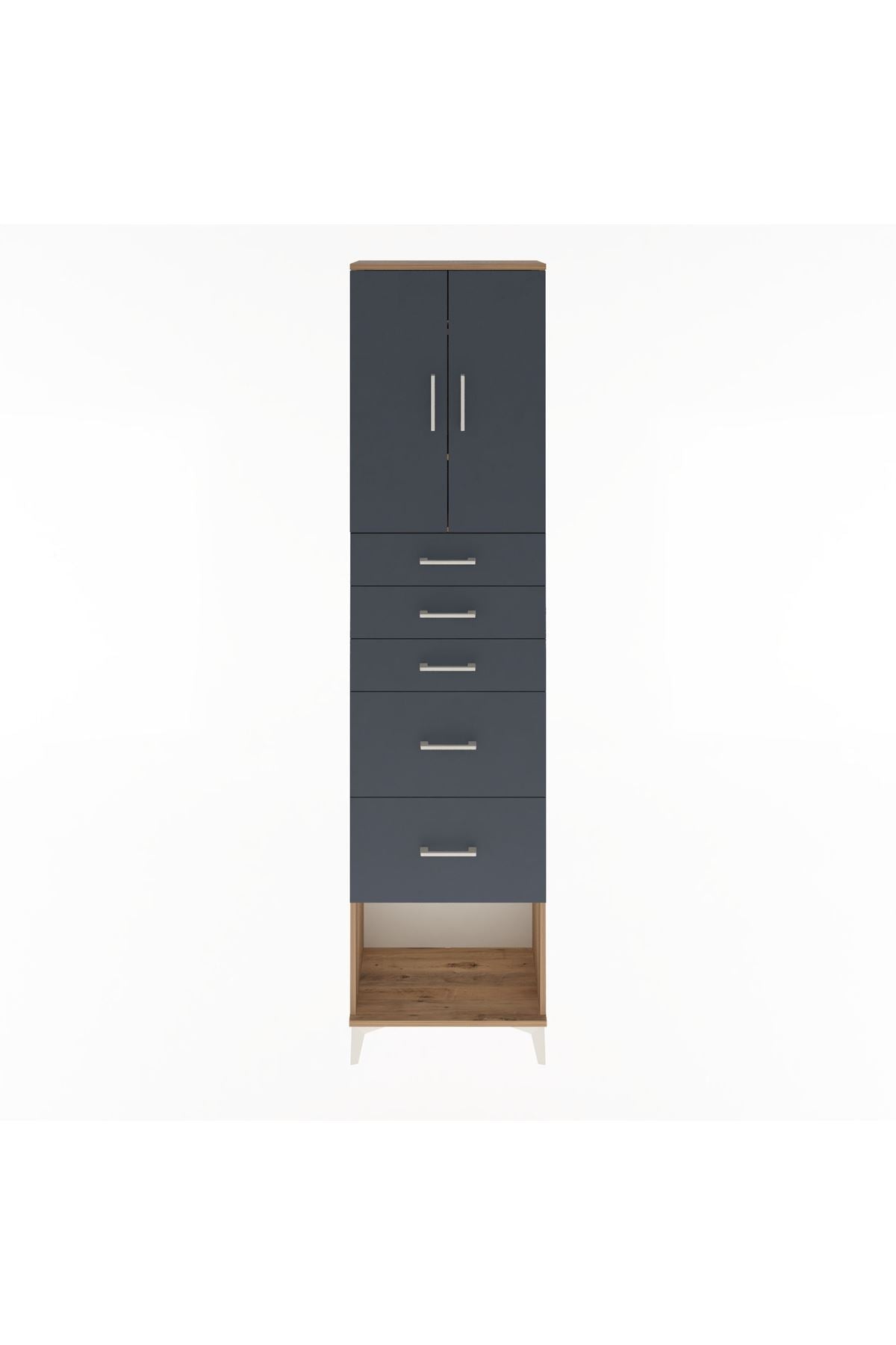 Arges Dolap 3 Raflı 5 Çekmeceli 2 Kapaklı 60x30x243 Çam-Antrasit