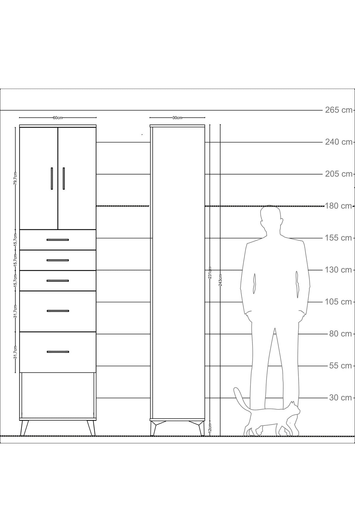 Arges Dolap 3 Raflı 5 Çekmeceli 2 Kapaklı 60x30x243 Çam-Aytaşı