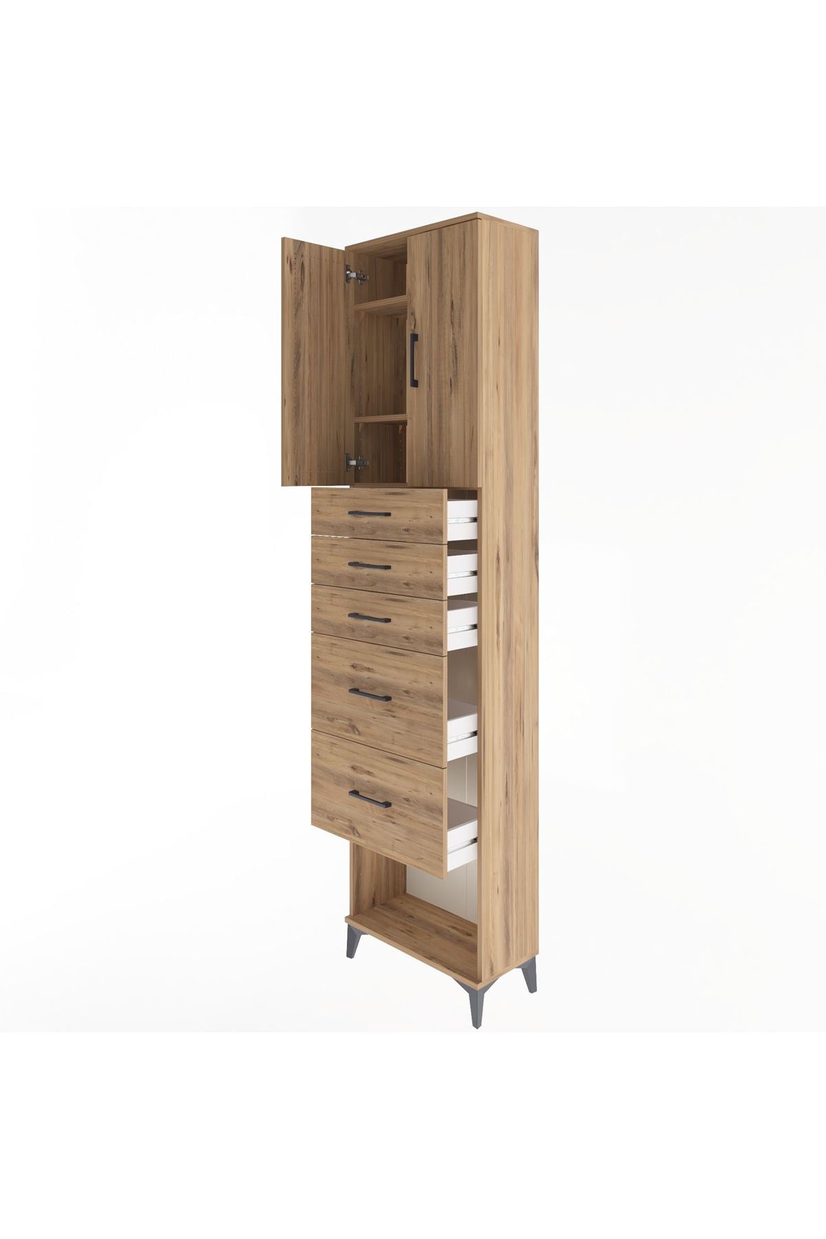 Arges Dolap 3 Raflı 5 Çekmeceli 2 Kapaklı 60x30x243 Çam-Çam