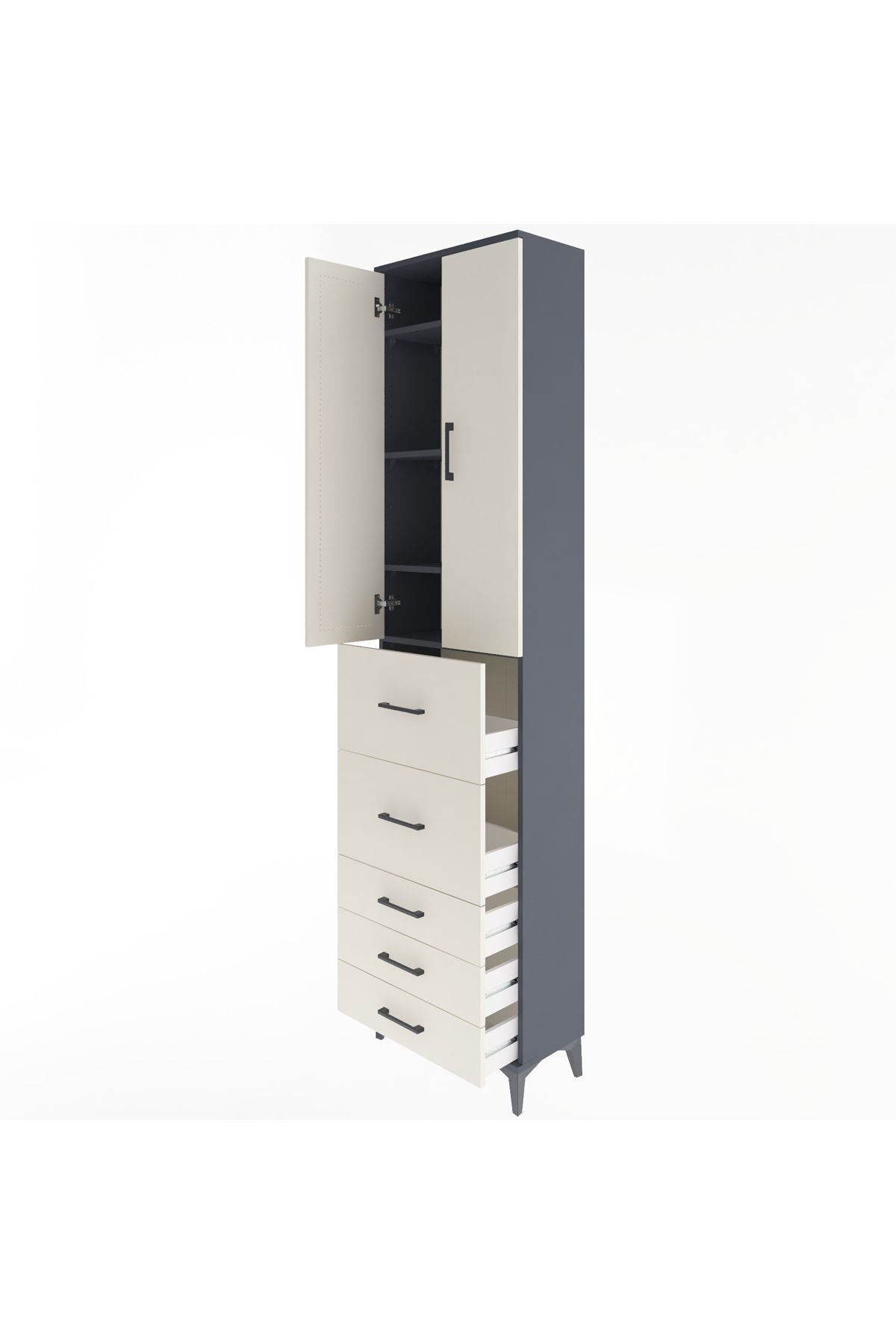 Arges Dolap 4 Raflı 5 Çekmeceli 2 Kapaklı 60x30x243 Antrasit-Aytaşı