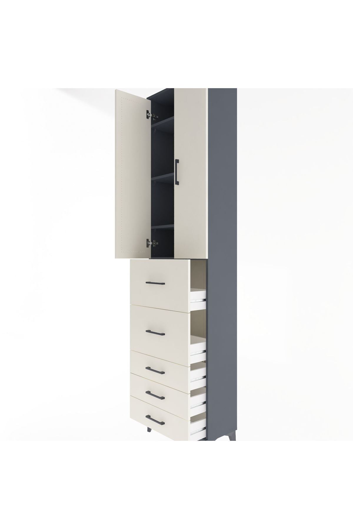 Arges Dolap 4 Raflı 5 Çekmeceli 2 Kapaklı 60x30x243 Antrasit-Aytaşı