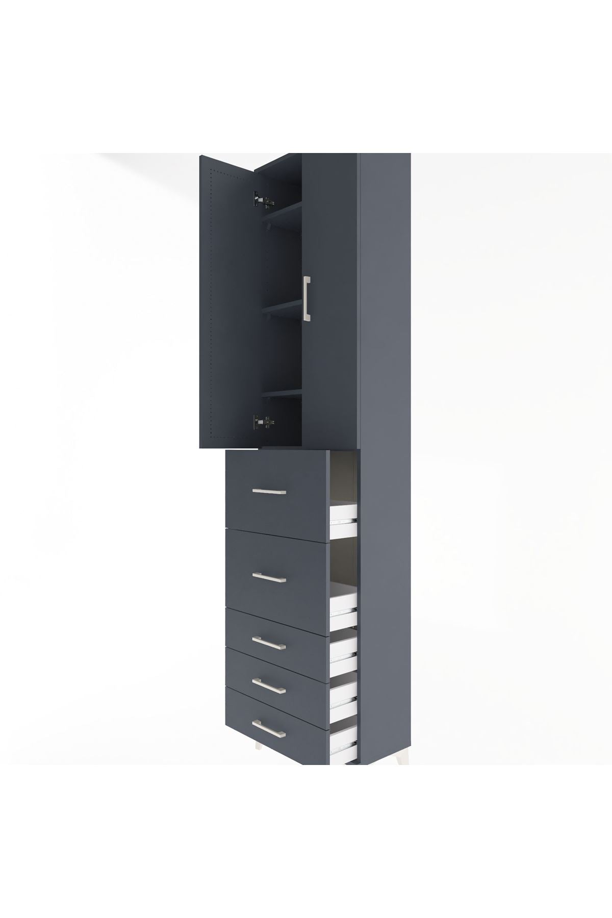 Arges Dolap 4 Raflı 5 Çekmeceli 2 Kapaklı 60x30x243 Antrasit-Antrasit