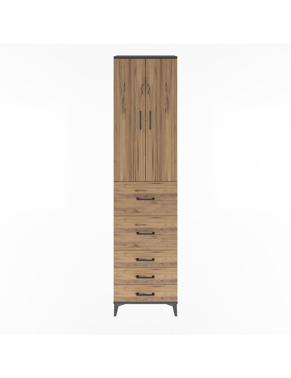 Arges Dolap 4 Raflı 5 Çekmeceli 2 Kapaklı 60x30x243 Antrasit-Çam