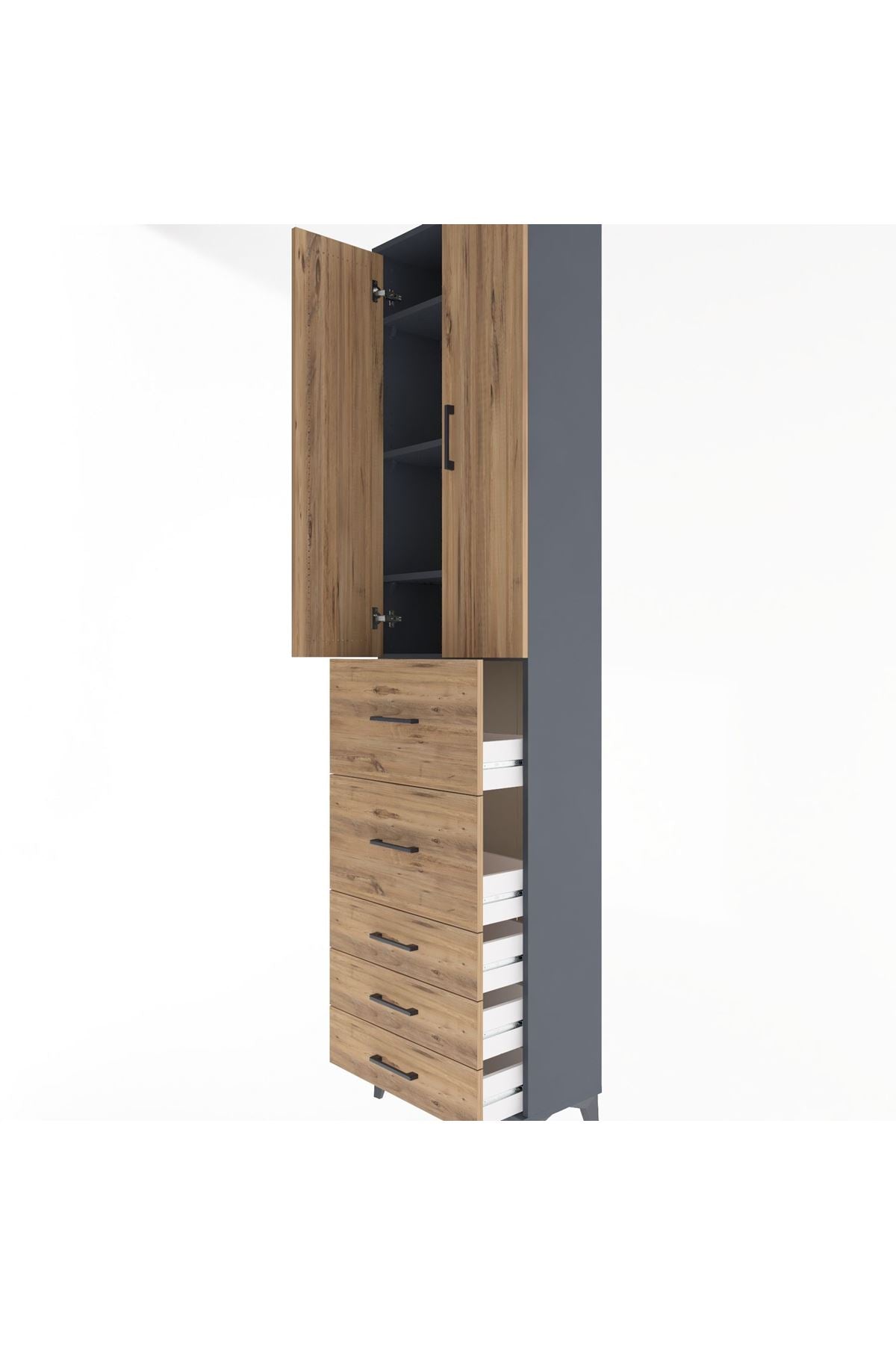Arges Dolap 4 Raflı 5 Çekmeceli 2 Kapaklı 60x30x243 Antrasit-Çam