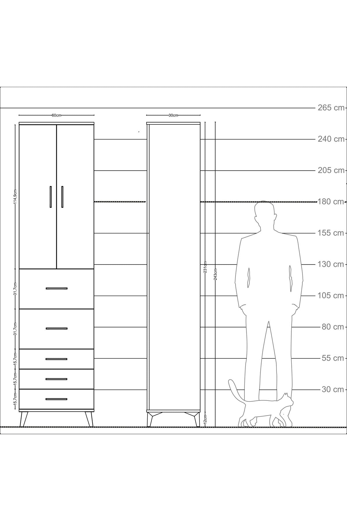 Arges Dolap 4 Raflı 5 Çekmeceli 2 Kapaklı 60x30x243 Antrasit-Çam