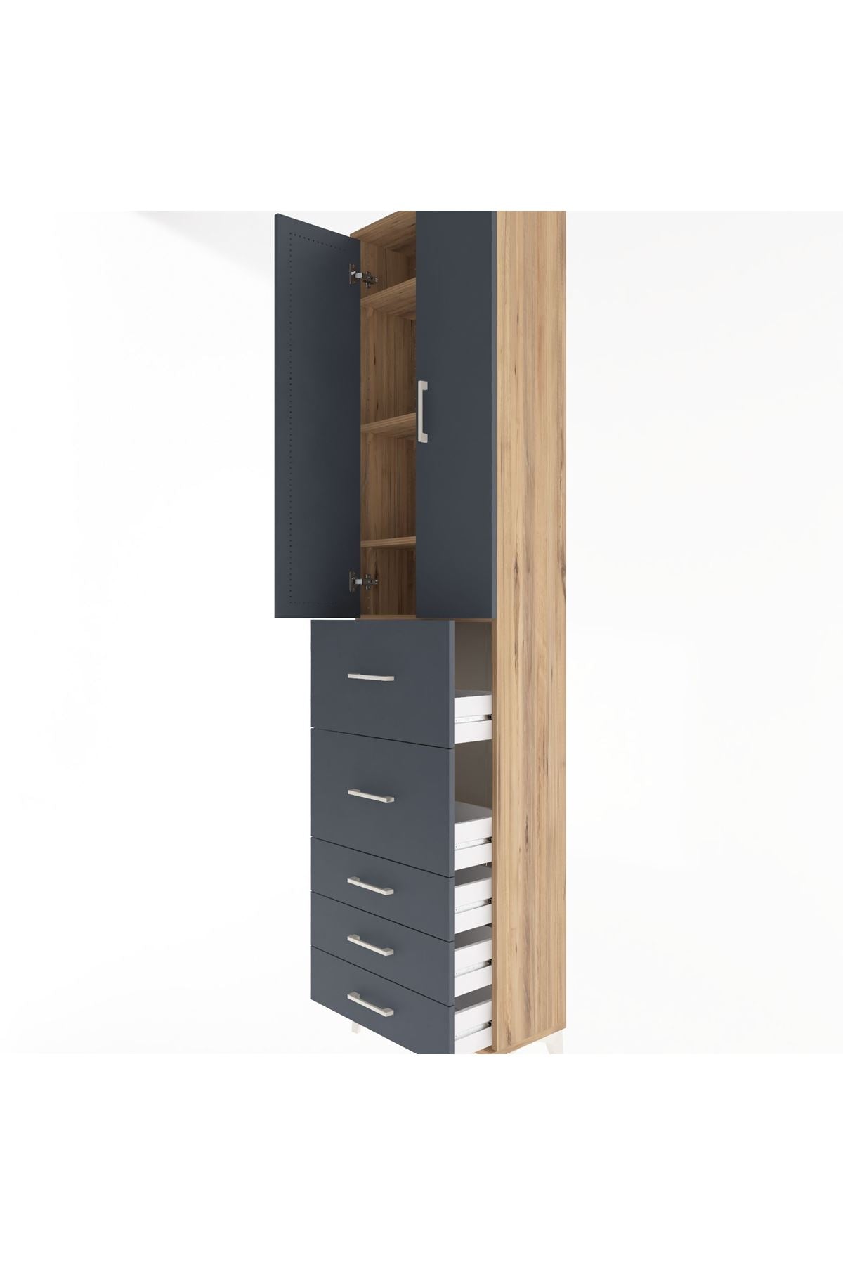 Arges Dolap 4 Raflı 5 Çekmeceli 2 Kapaklı 60x30x243 Çam-Antrasit