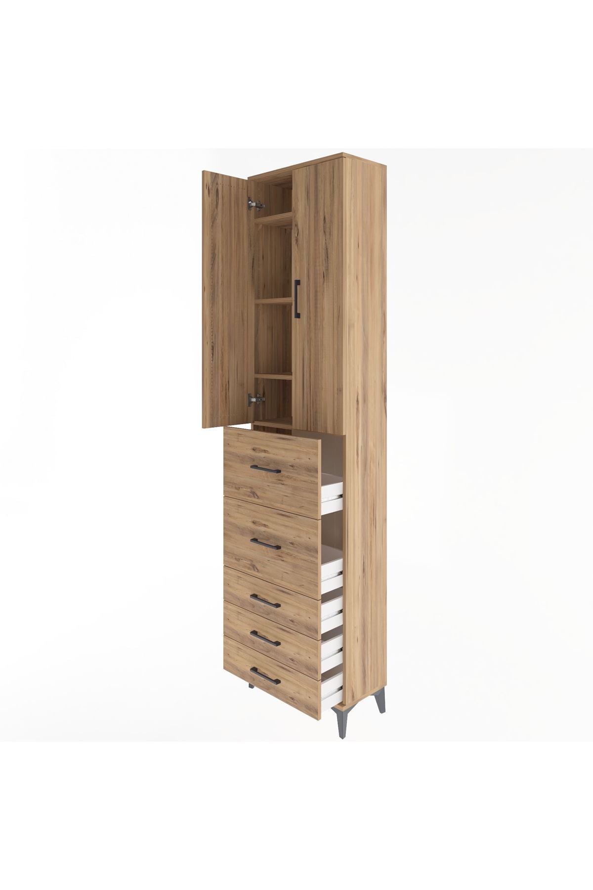 Arges Dolap 4 Raflı 5 Çekmeceli 2 Kapaklı 60x30x243 Çam-Çam