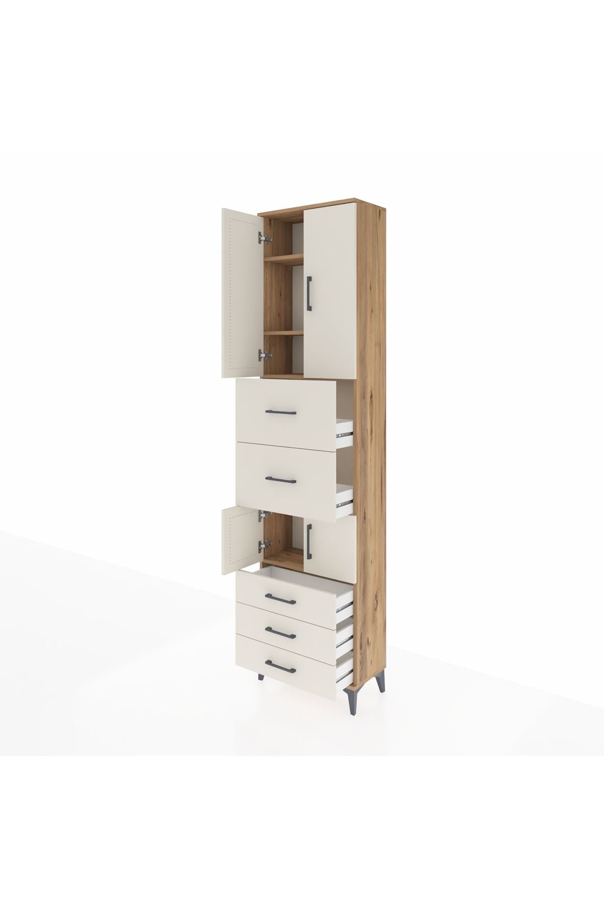 Arges Dolap 4 Raflı 5 Çekmeceli 4 Kapaklı 60x30x243 Çam-Aytaşı