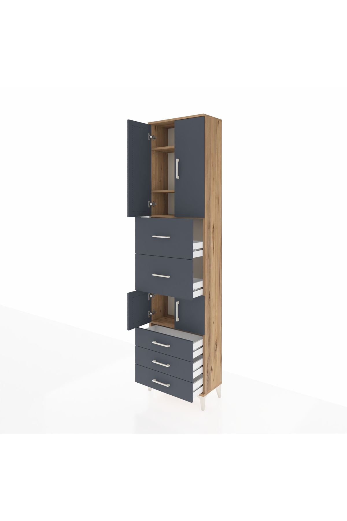 Arges Dolap 4 Raflı 5 Çekmeceli 4 Kapaklı 60x30x243 Çam-Antrasit