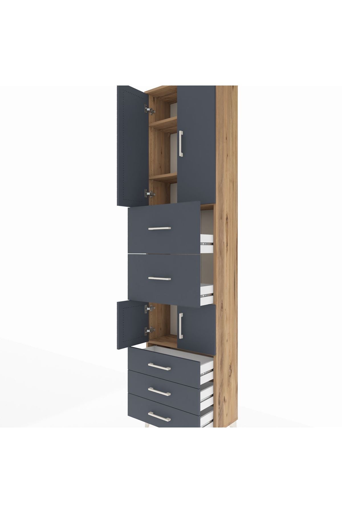 Arges Dolap 4 Raflı 5 Çekmeceli 4 Kapaklı 60x30x243 Çam-Antrasit