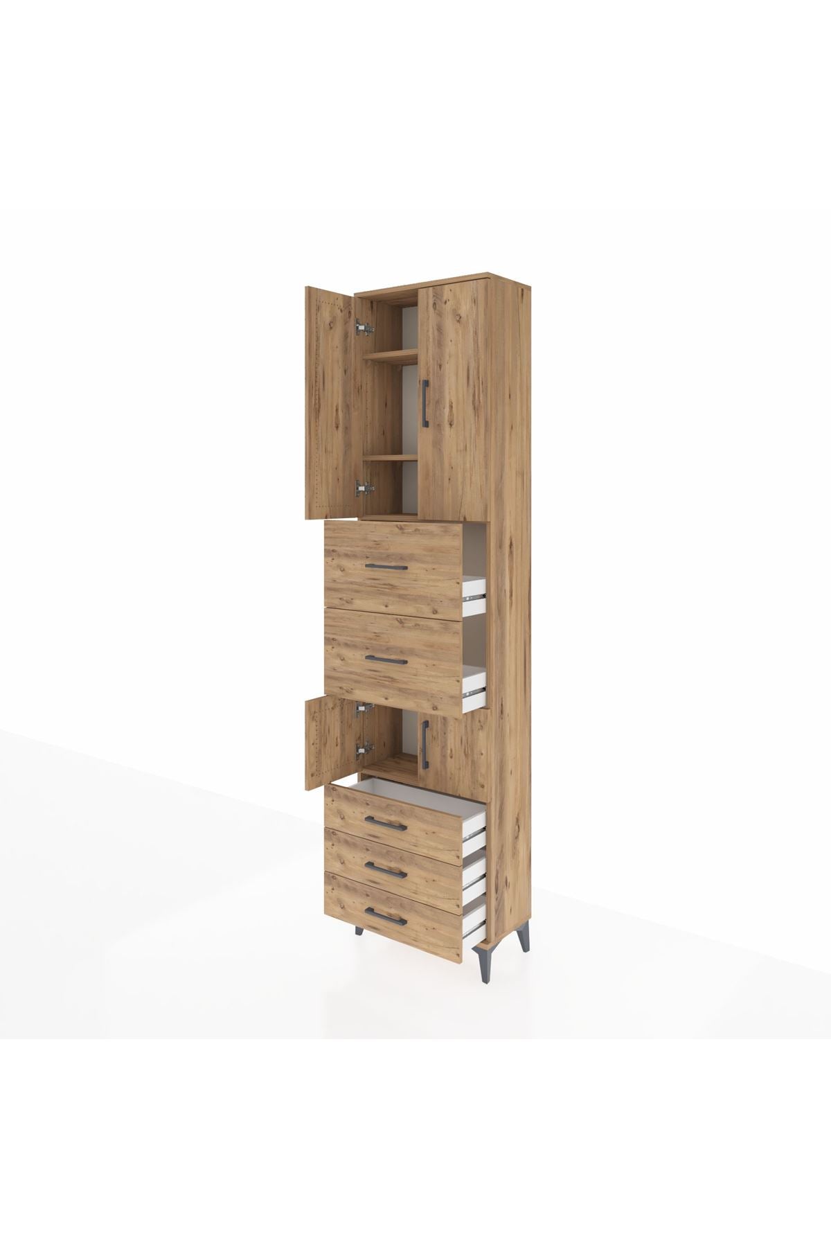 Arges Dolap 4 Raflı 5 Çekmeceli 4 Kapaklı 60x30x243 Çam-Çam